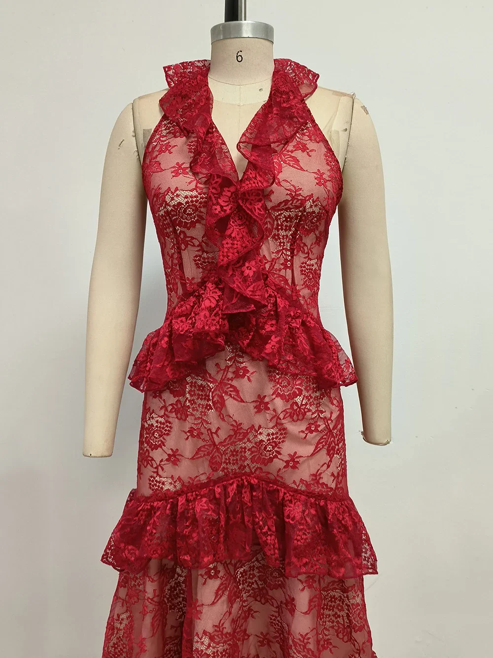 Sexy Lace Midi Halter Dress Women Red Ruffle Backless Sleeveless Party Dresses Summer Lady Vacation Robes New - Image 6