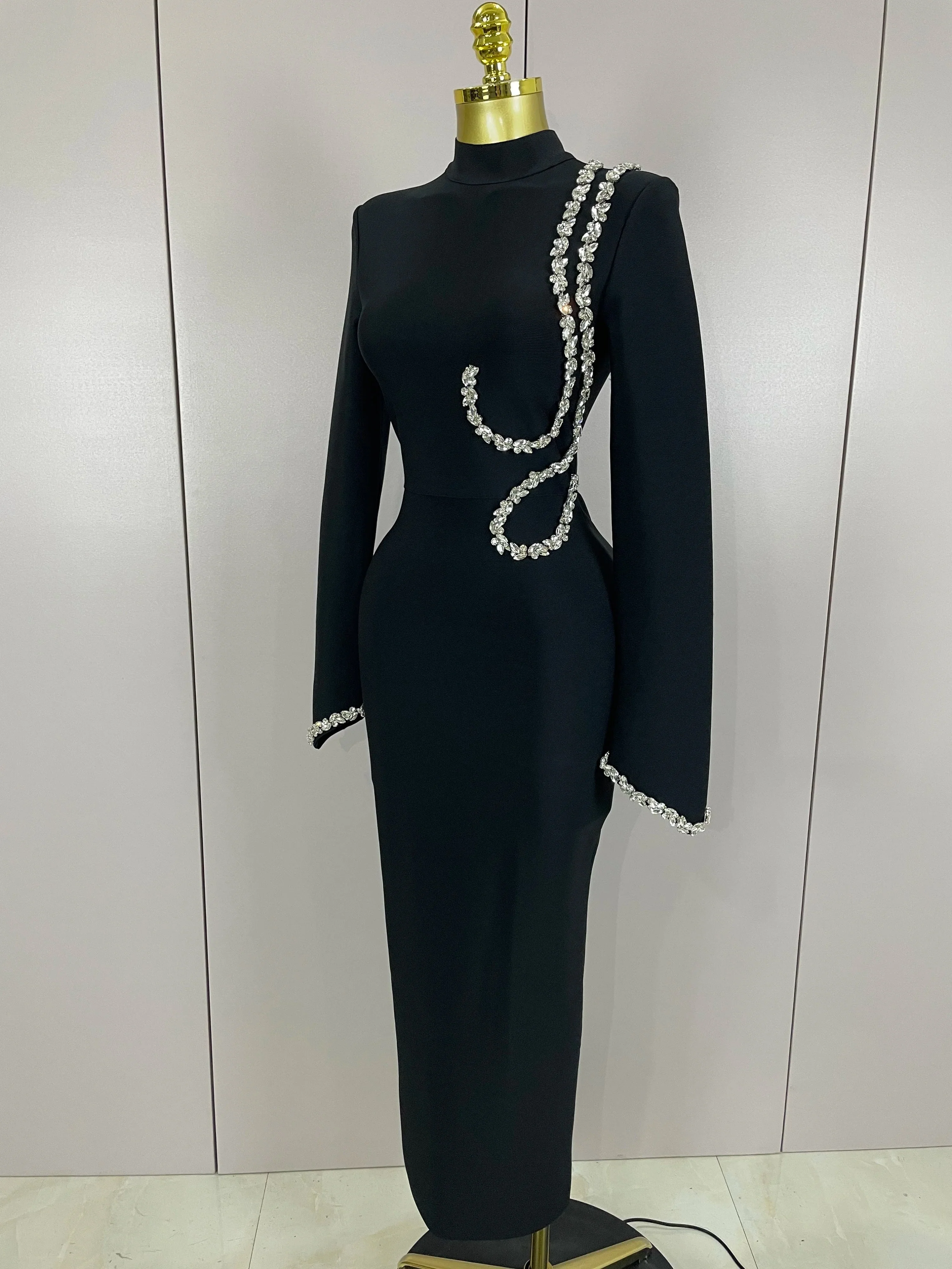 Sexy Long Sleeve Diamonds Maxi Long Bodycon Bandage Dress  Women Celebrity Elegant Evening Party Luxury Birthday Dresses - Image 2