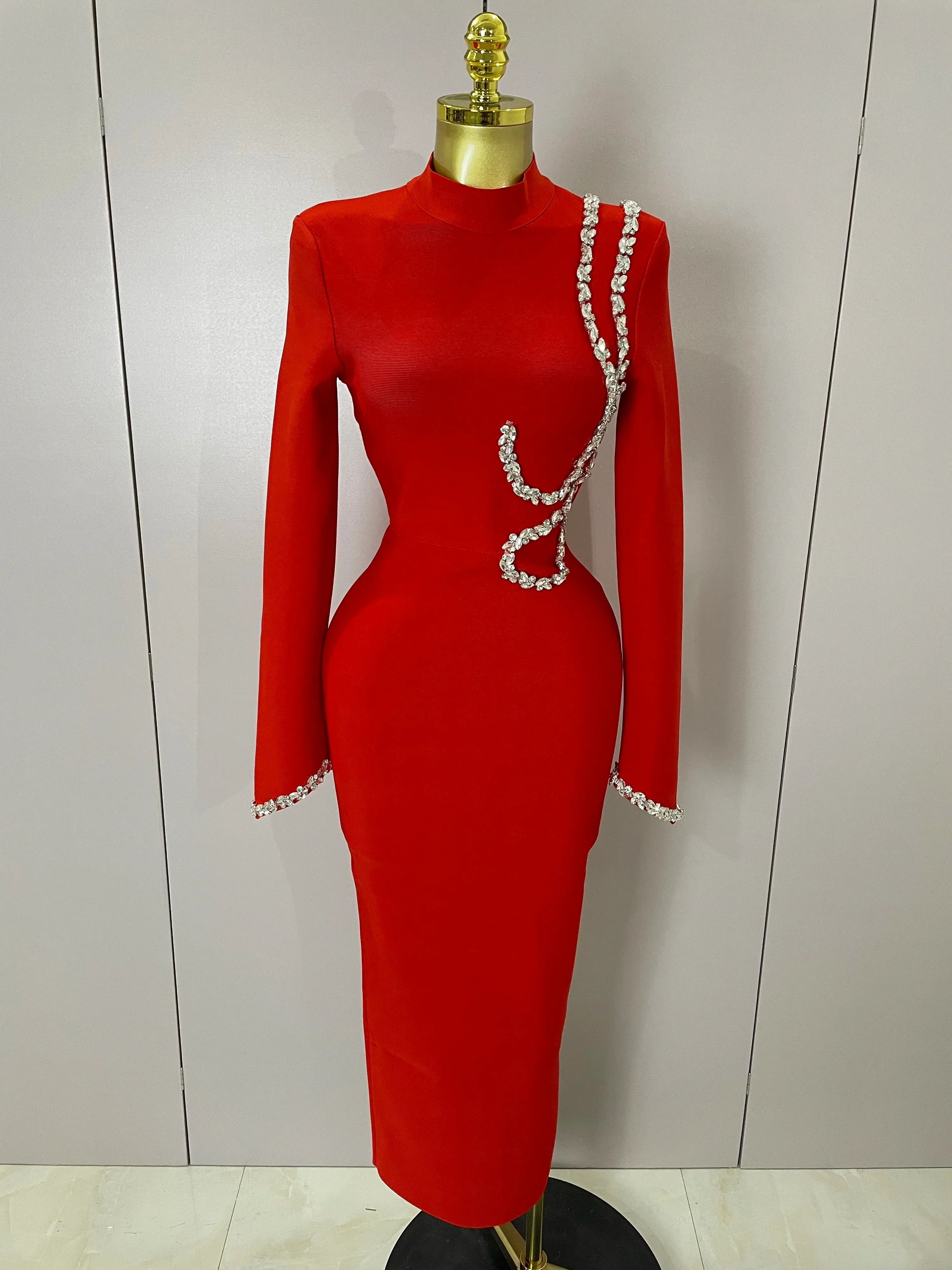 Sexy Long Sleeve Diamonds Maxi Long Bodycon Bandage Dress  Women Celebrity Elegant Evening Party Luxury Birthday Dresses - Image 7