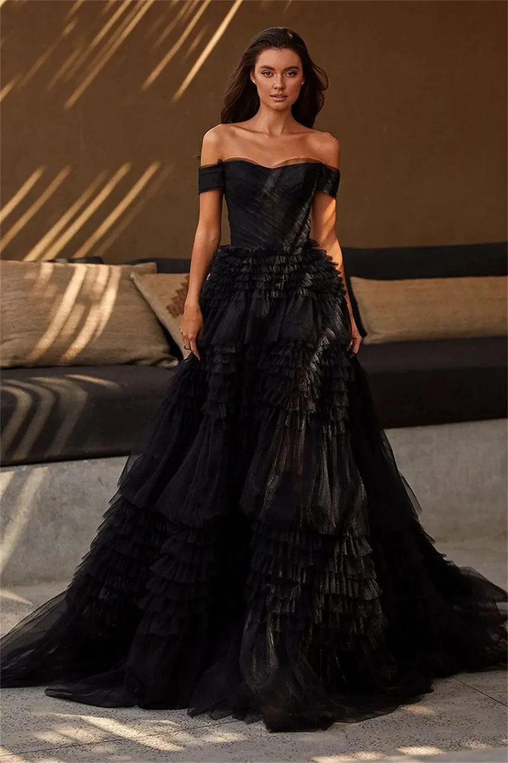 Sexy Off Shoulder Prom Dress Black Multilayer فستان حفلات الزفاف Luxury Ball Gown Tulle Puffy Robes De Soirée - Image 2