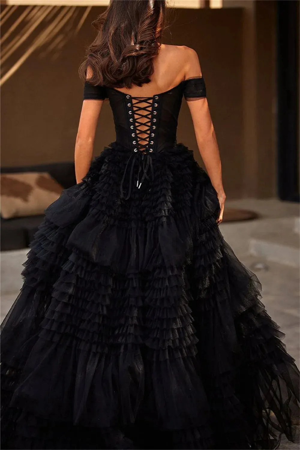 Sexy Off Shoulder Prom Dress Black Multilayer فستان حفلات الزفاف Luxury Ball Gown Tulle Puffy Robes De Soirée - Image 3