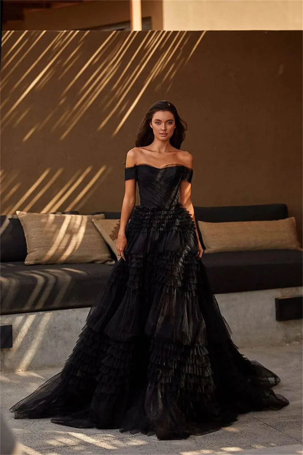 Sexy Off Shoulder Prom Dress Black Multilayer فستان حفلات الزفاف Luxury Ball Gown Tulle Puffy Robes De Soirée - Image 4