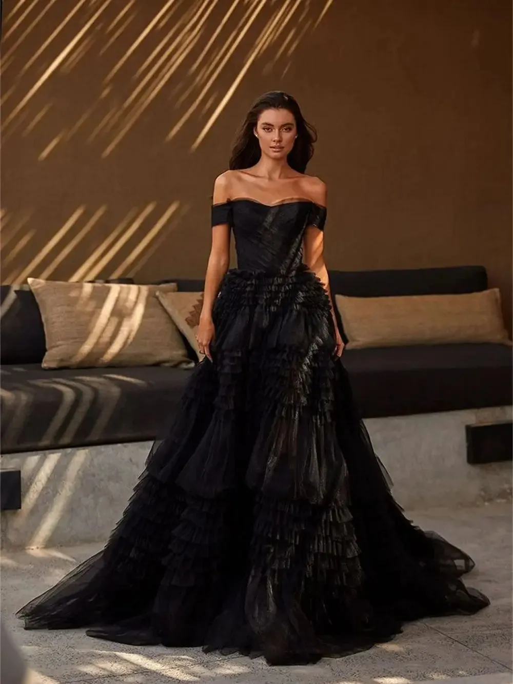 Sexy Off Shoulder Prom Dress Black Multilayer فستان حفلات الزفاف Luxury Ball Gown Tulle Puffy Robes De Soirée - Image 6