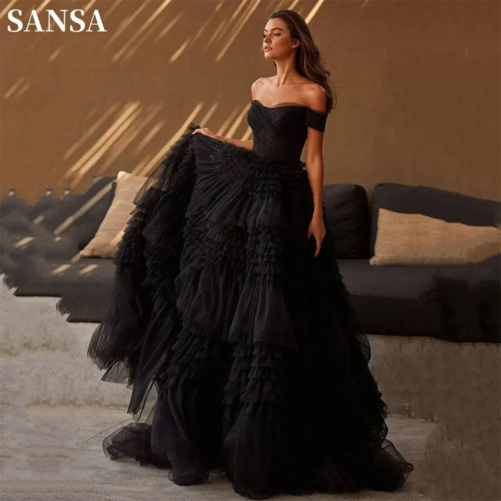 Sexy Off Shoulder Prom Dress Black Multilayer فستان حفلات الزفاف Luxury Ball Gown Tulle Puffy Robes De Soirée - Image 8