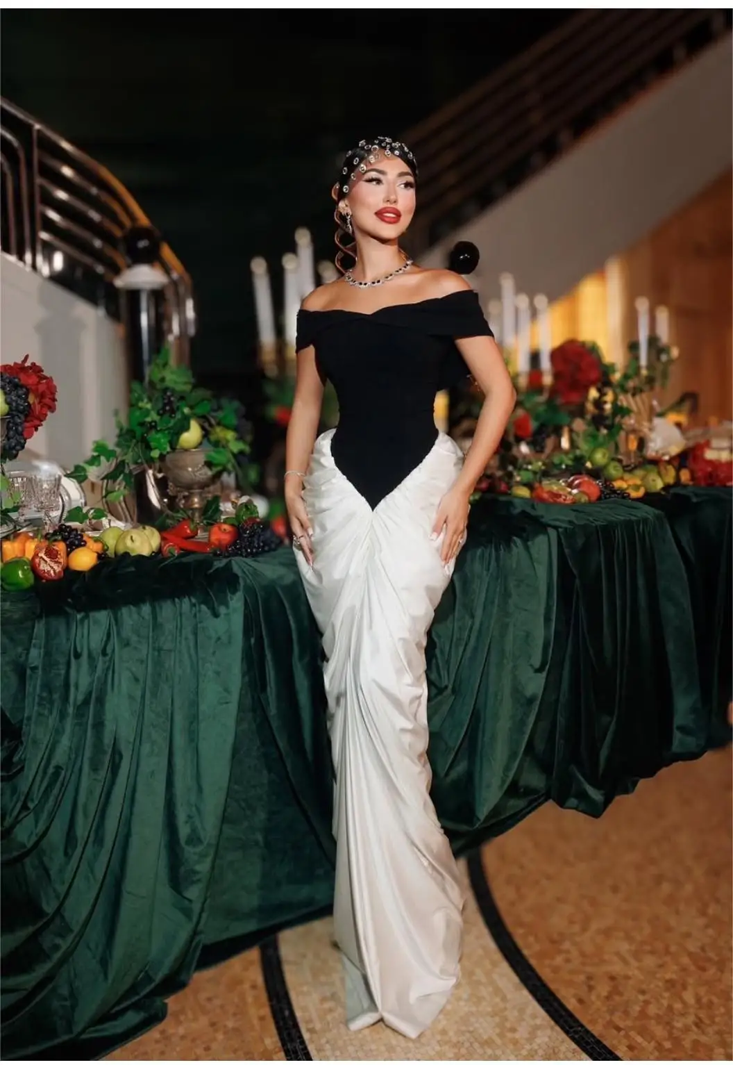 Sexy Off The Shoulder Package Hips Black Patchwork White Floor Length Dress Graceful Woman Party Dress Cocktail Party Outfit - Image 2