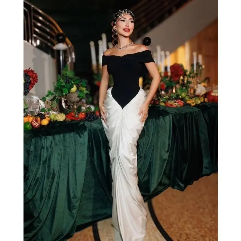 Sexy Off The Shoulder Package Hips Black Patchwork White Floor Length Dress Graceful Woman Party Dress Cocktail Party Outfit - Image 6