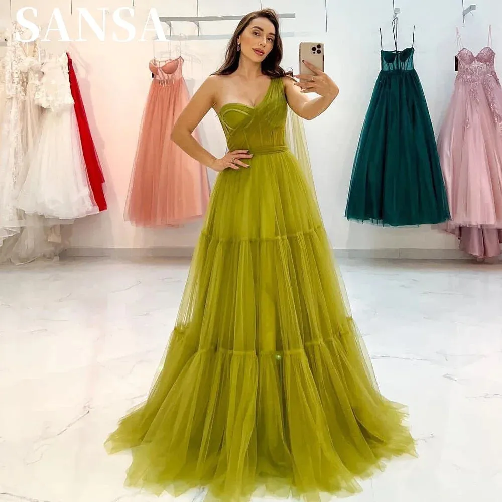 Sexy One Shoulder فساتين السهرة Mustard Green A-line Prom Dress Elegant Multilayer Sleeveless Vestidos De Noche - Image 4