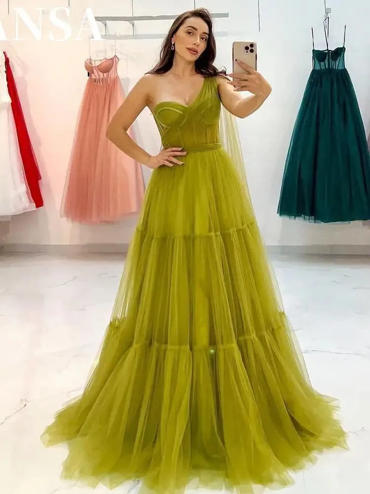 Sexy One Shoulder فساتين السهرة Mustard Green A-line Prom Dress Elegant Multilayer Sleeveless Vestidos De Noche - Image 7