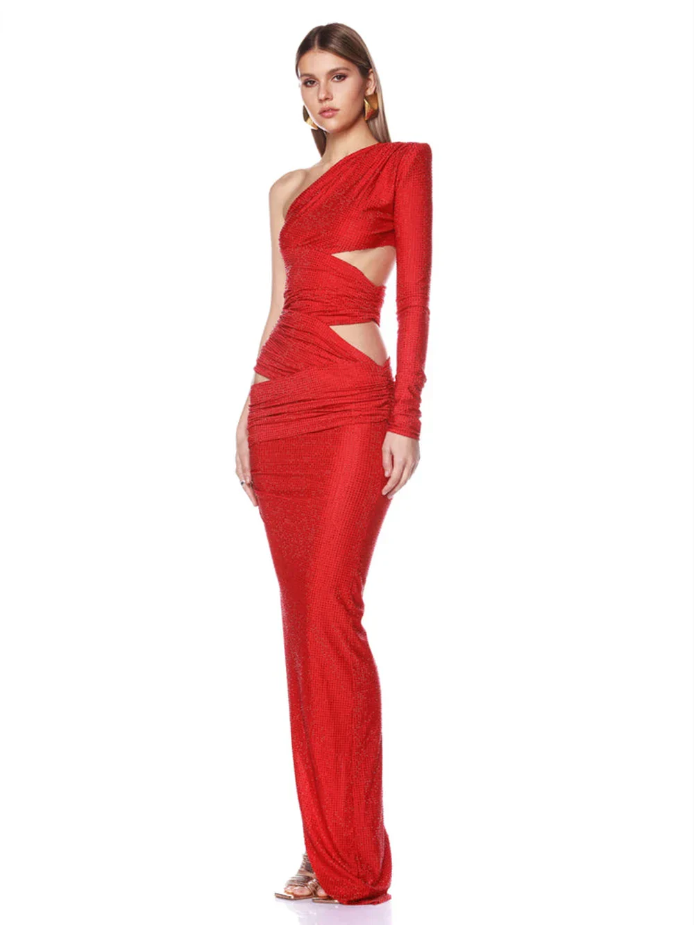 Sexy One Shoulder Hollow out Diamonds Long Dress Women Asymmetrical Cut Out Luxury Rhinestone Slim Dresses Evening Party Gowns - Image 3