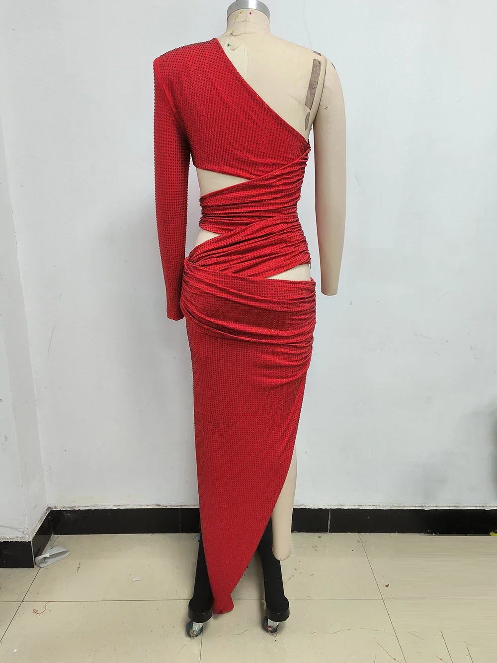 Sexy One Shoulder Hollow out Diamonds Long Dress Women Asymmetrical Cut Out Luxury Rhinestone Slim Dresses Evening Party Gowns - Image 6