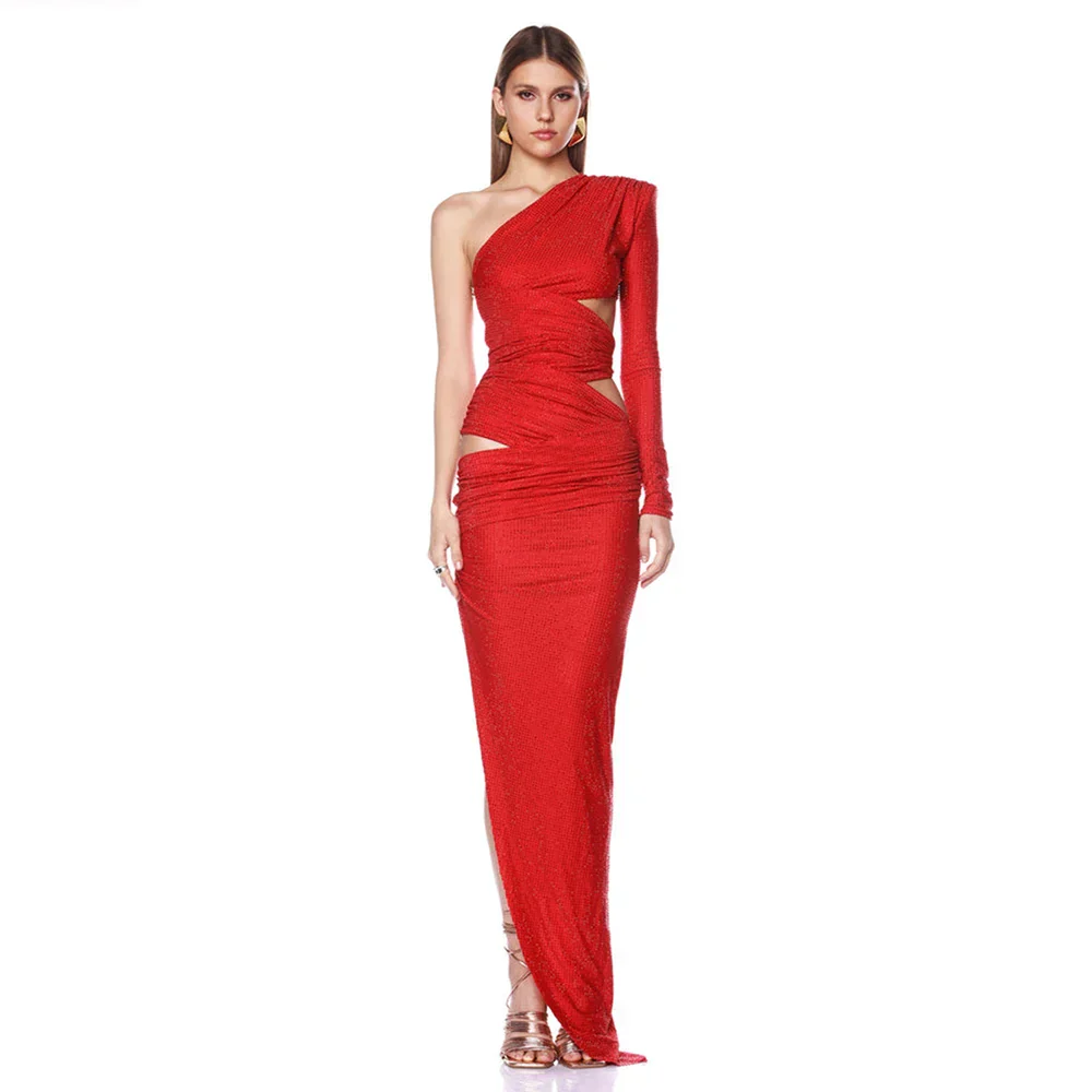 Sexy One Shoulder Hollow out Diamonds Long Dress Women Asymmetrical Cut Out Luxury Rhinestone Slim Dresses Evening Party Gowns - Image 7
