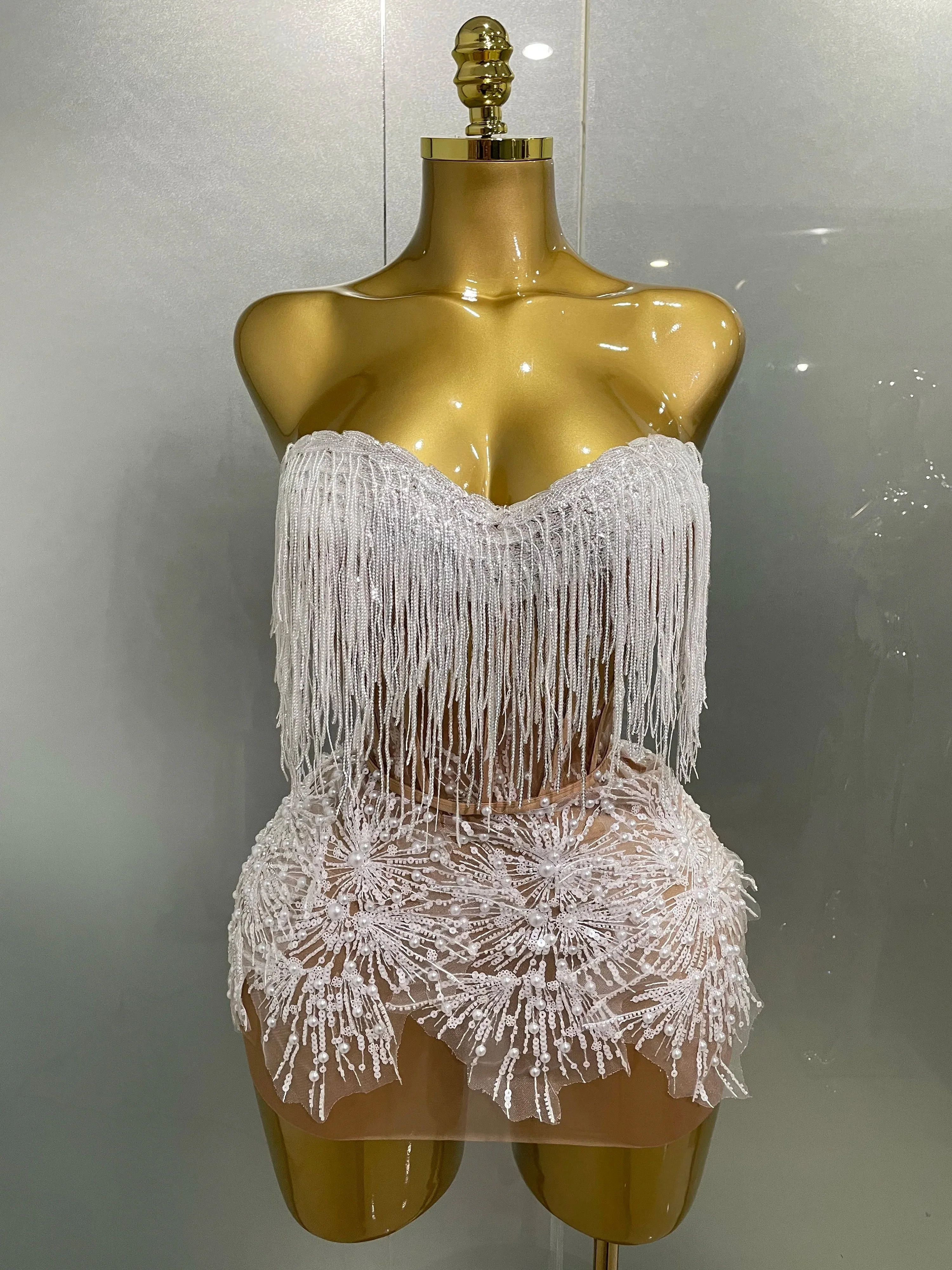 Sexy Pearl Sequins Tassel Sleeveless Glitter Mini Dress Women Singer Bar Nightclub Stage Performance Clothing Show Outfit - Image 7