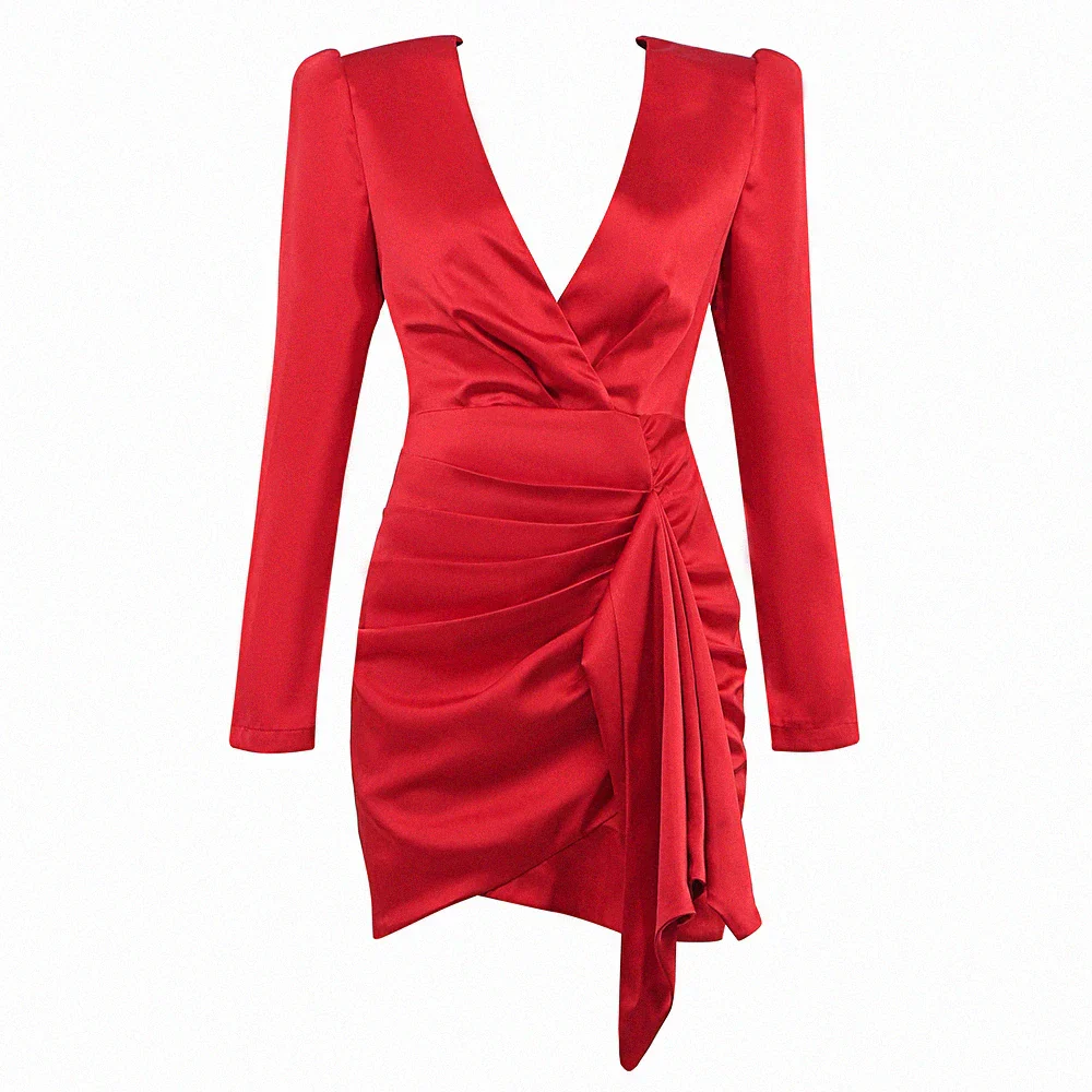 Sexy Red Satin Dress Women's Deep V Neck Puff Sleeve Bodycon Draped Dress Club Night Party Mini Vestidos - Image 3