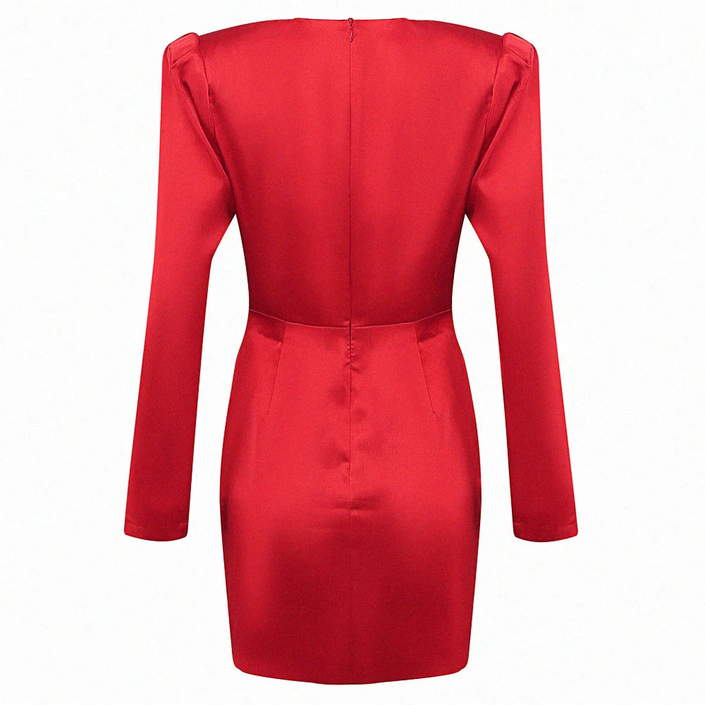 Sexy Red Satin Dress Women's Deep V Neck Puff Sleeve Bodycon Draped Dress Club Night Party Mini Vestidos - Image 4