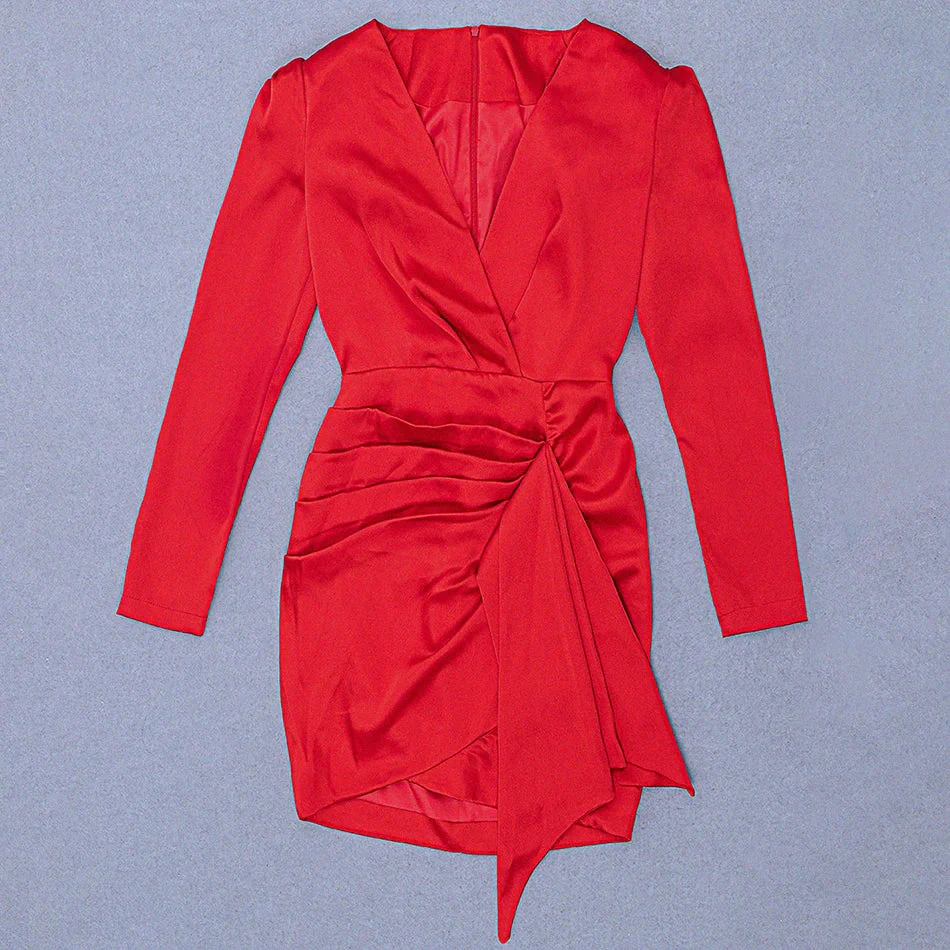 Sexy Red Satin Dress Women's Deep V Neck Puff Sleeve Bodycon Draped Dress Club Night Party Mini Vestidos - Image 5