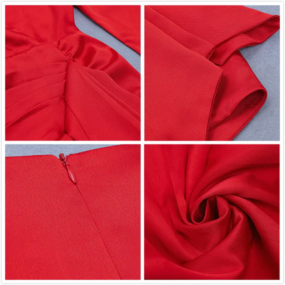 Sexy Red Satin Dress Women's Deep V Neck Puff Sleeve Bodycon Draped Dress Club Night Party Mini Vestidos - Image 6