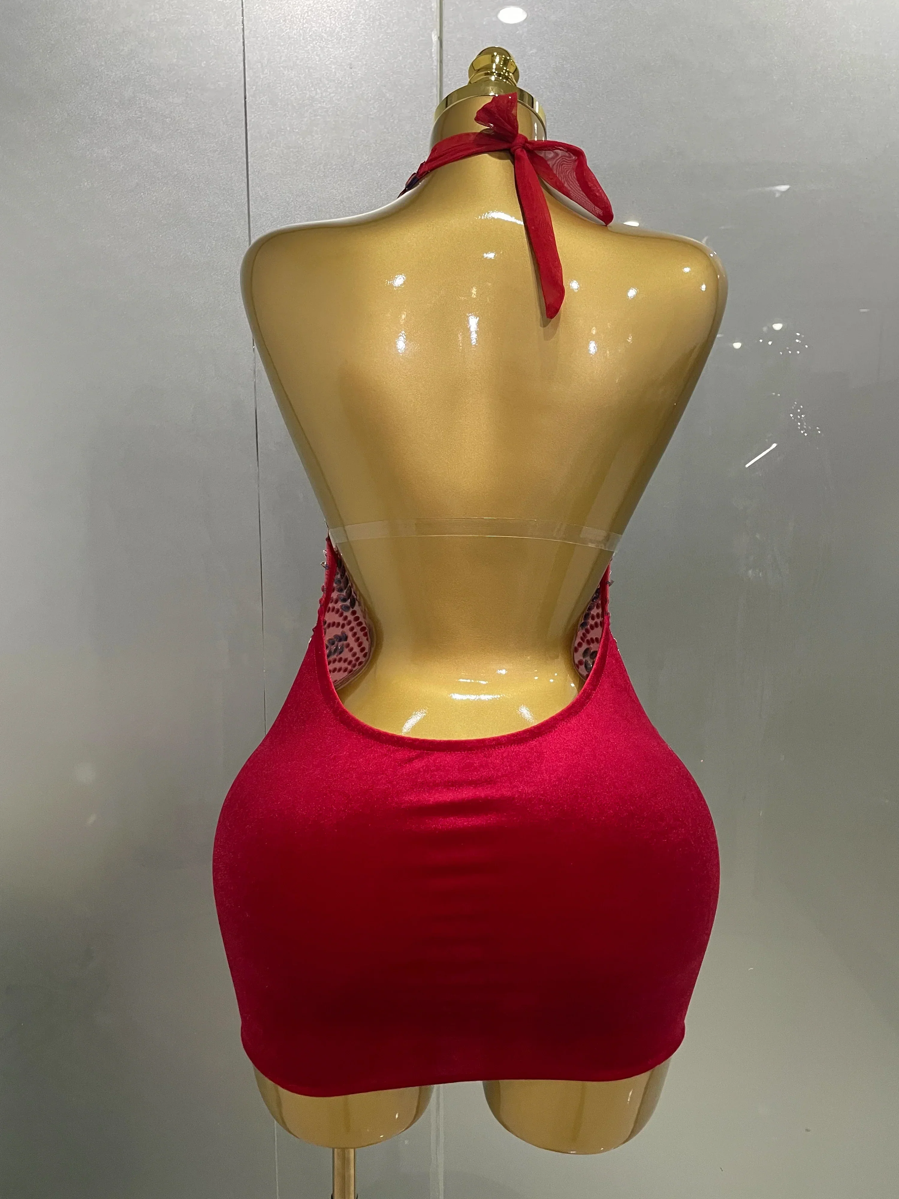 Sexy Red Sparkly Rhinestones Halter Backless Velour Short Dress  Women Evening Prom Celebrate Birthday Party Stage Wear - Image 3