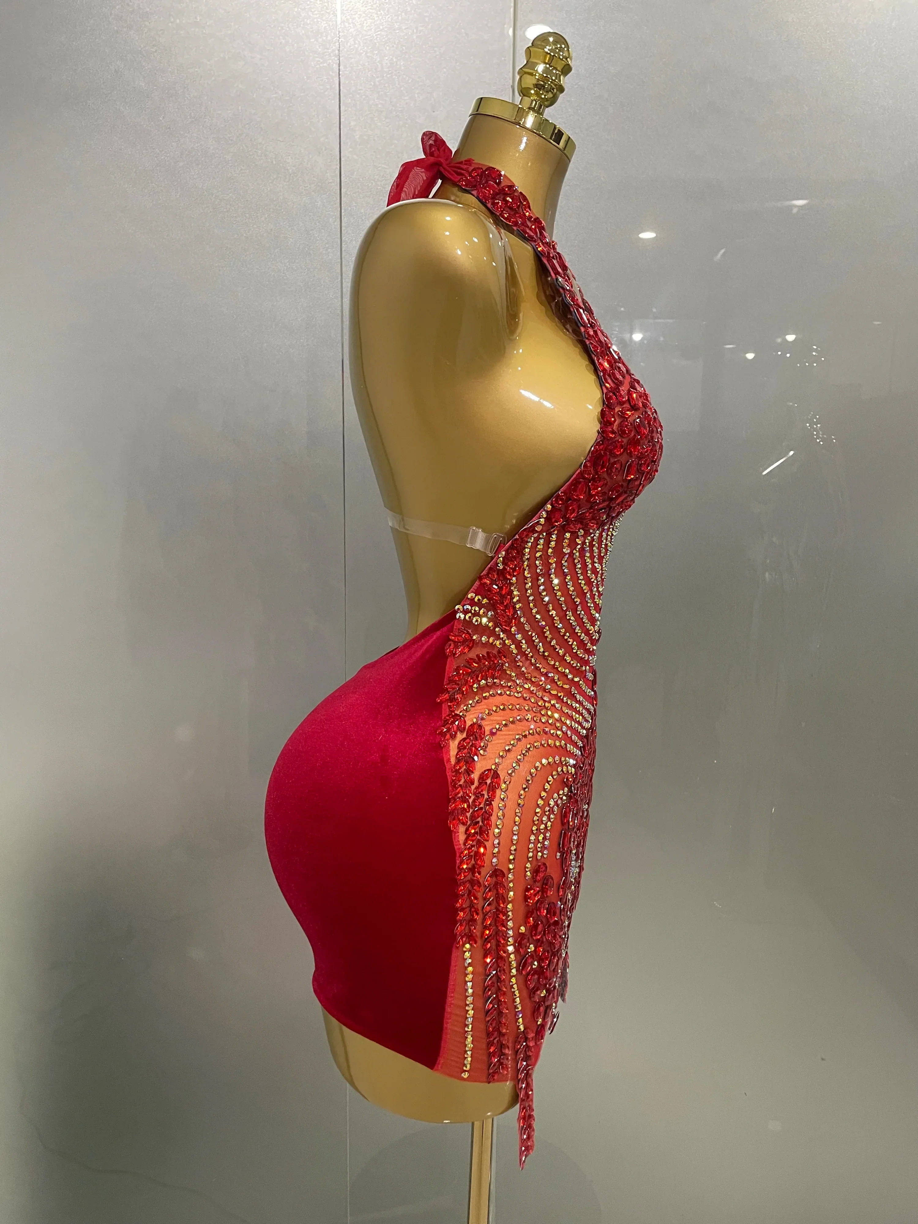 Sexy Red Sparkly Rhinestones Halter Backless Velour Short Dress  Women Evening Prom Celebrate Birthday Party Stage Wear - Image 4