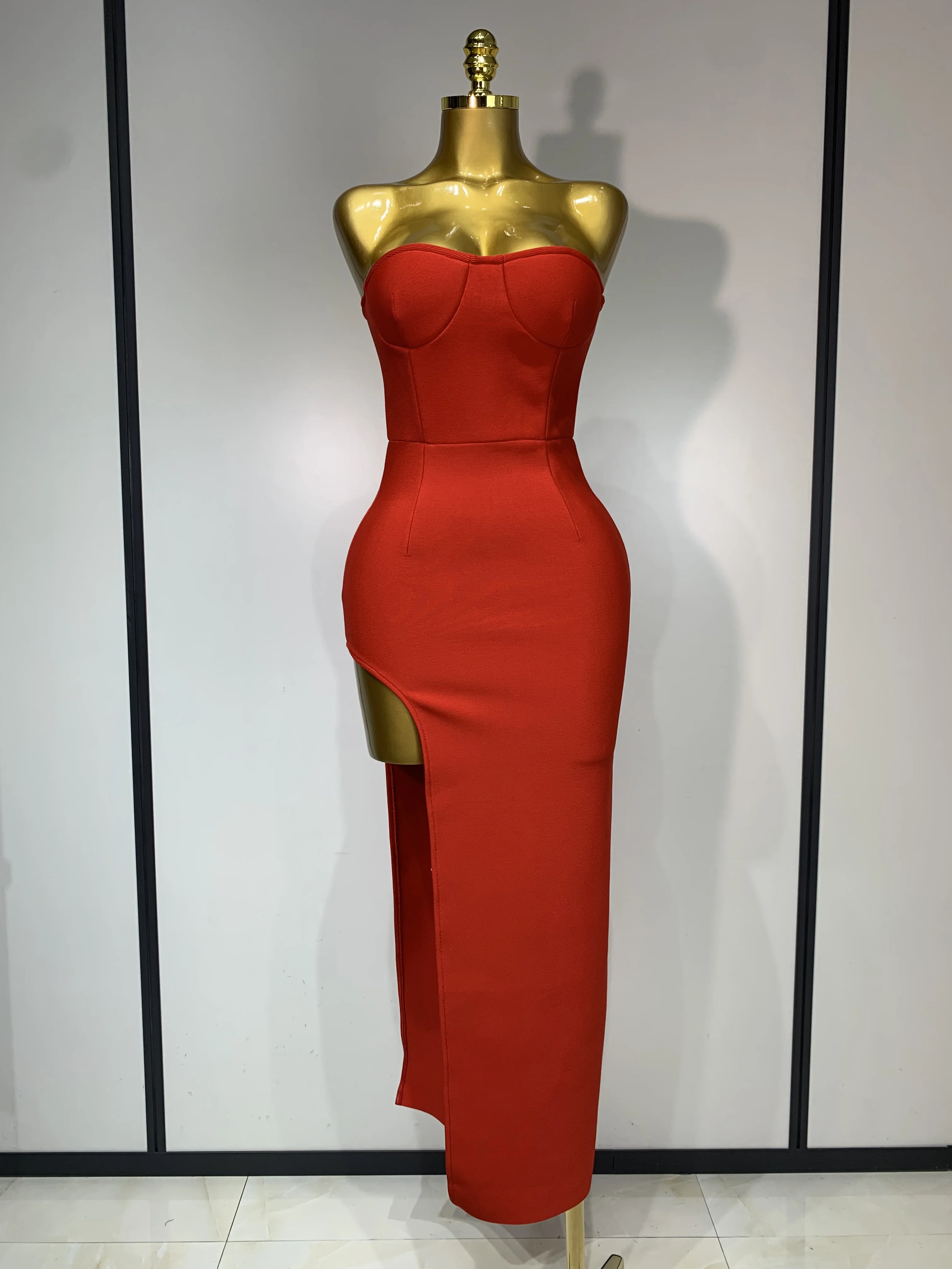 Sexy Red Strapless High Split Long Bandage Dress Luxury Birthday Dress Women Backless Bodycon Dresses Elegant Evening Party Gown
