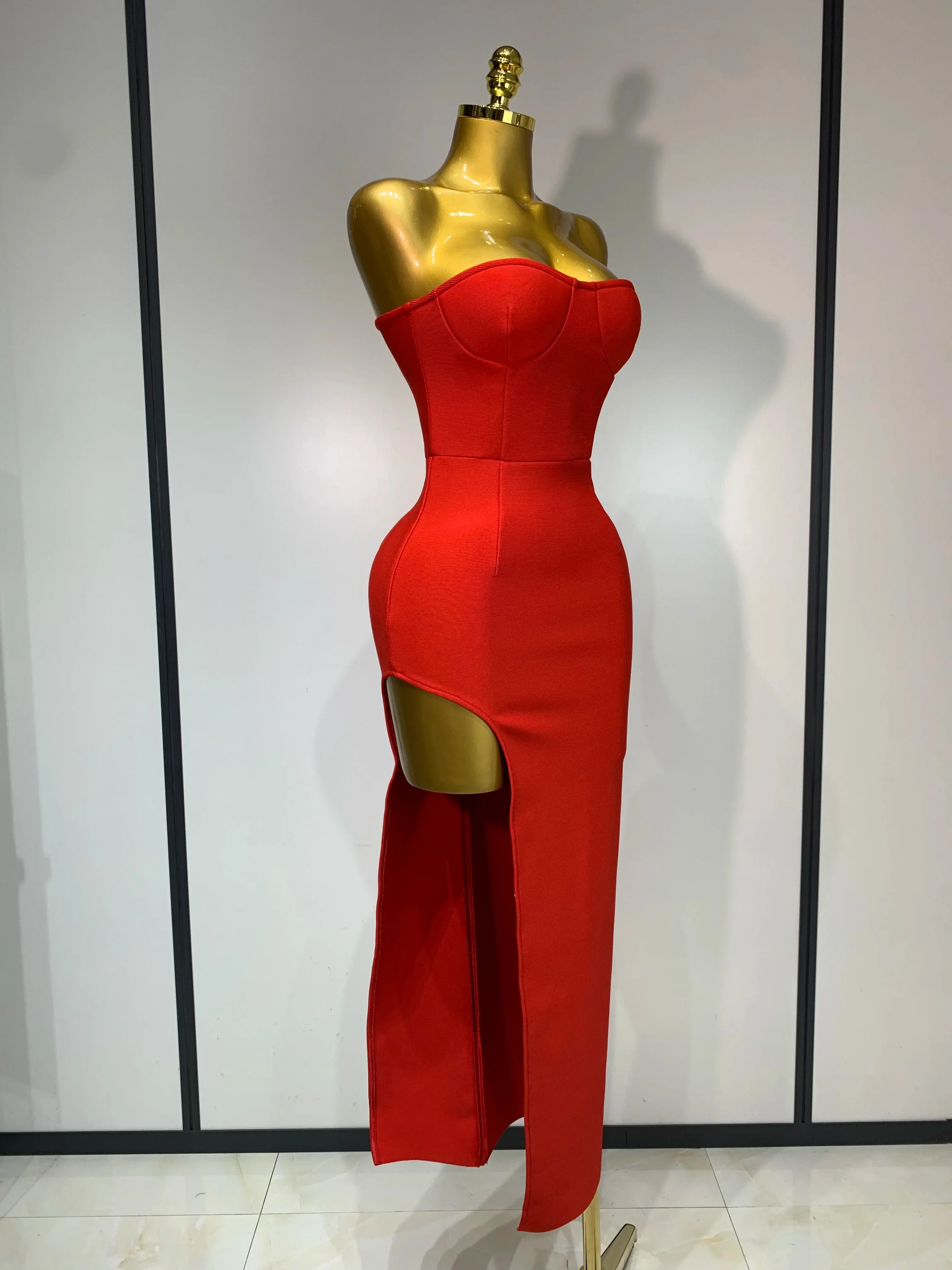 Sexy Red Strapless High Split Long Bandage Dress Luxury Birthday Dress Women Backless Bodycon Dresses Elegant Evening Party Gown - Image 2