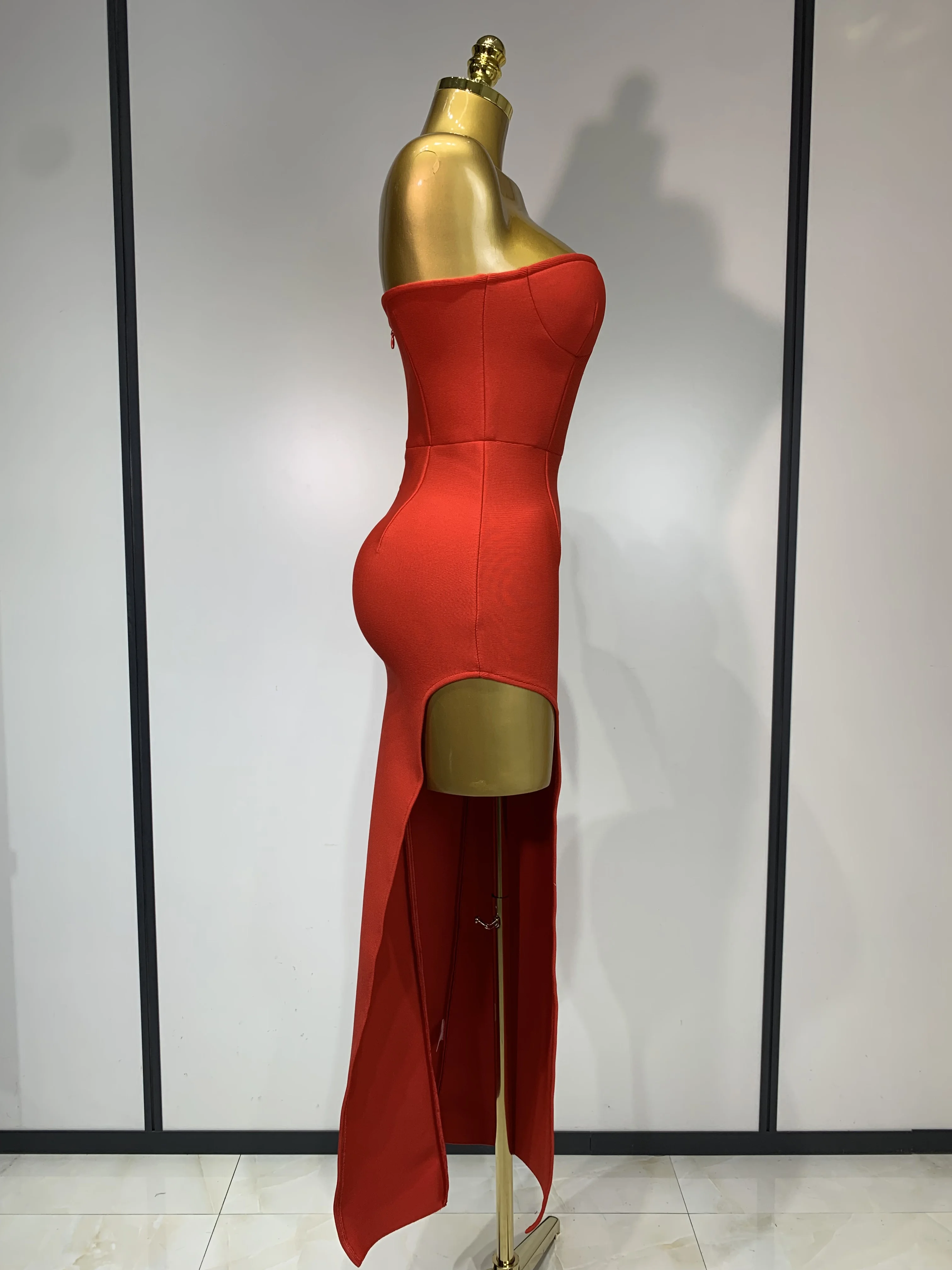 Sexy Red Strapless High Split Long Bandage Dress Luxury Birthday Dress Women Backless Bodycon Dresses Elegant Evening Party Gown - Image 3