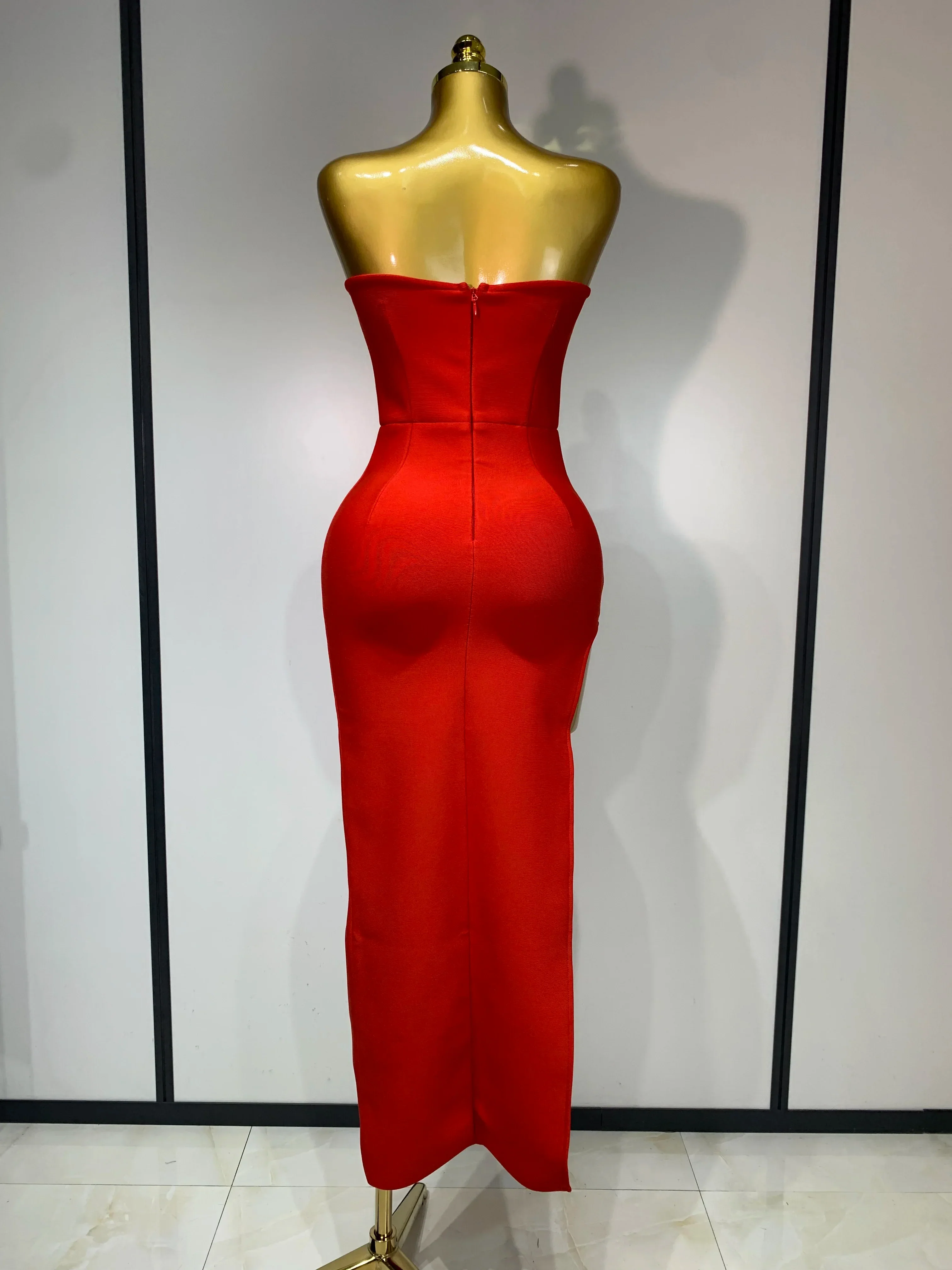 Sexy Red Strapless High Split Long Bandage Dress Luxury Birthday Dress Women Backless Bodycon Dresses Elegant Evening Party Gown - Image 5