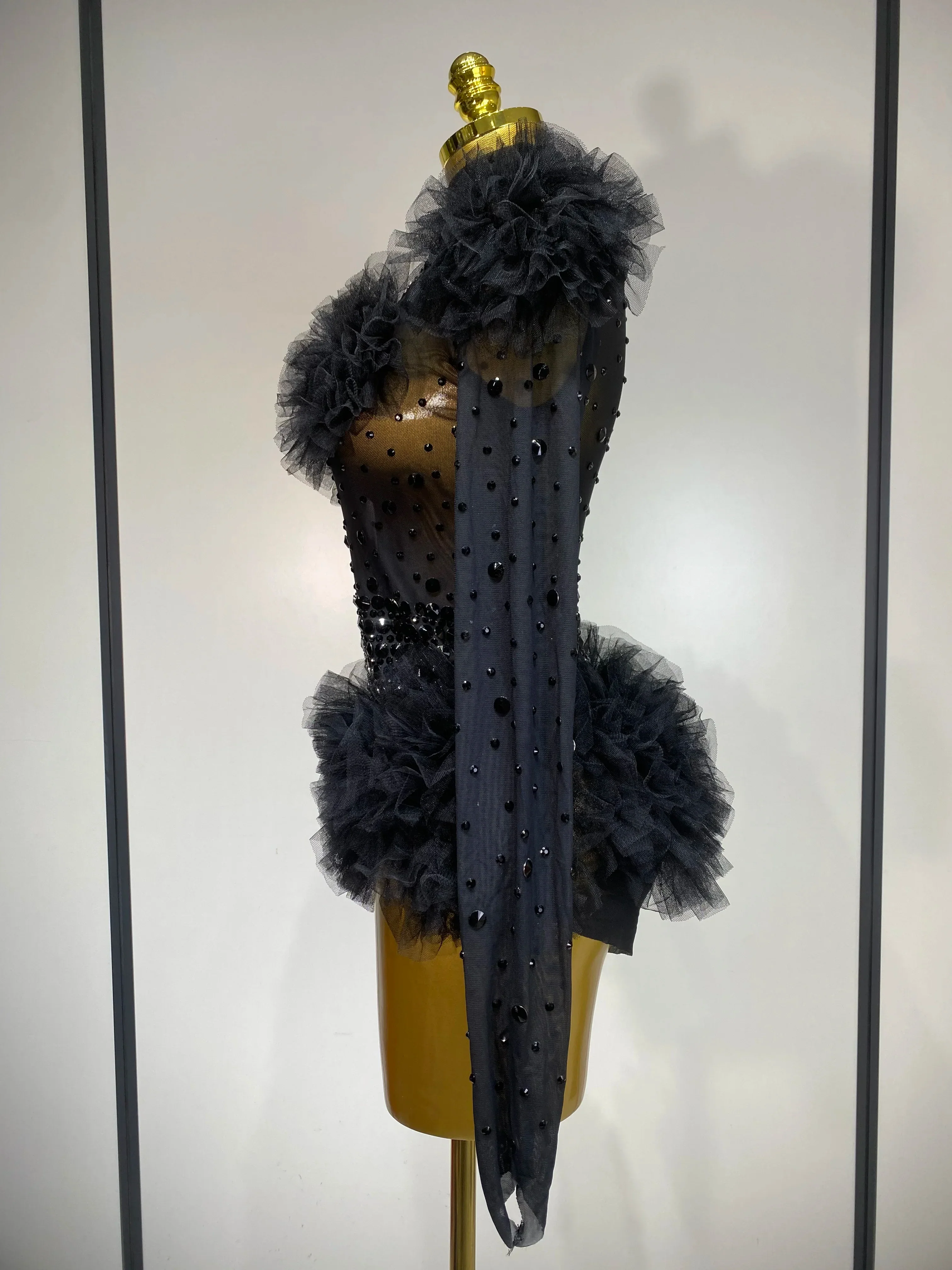 Sexy See Through Luxury Rhinestone Bodysuit Women Sexy Bodycon Mesh Ruffles Performance Dance Singer Nightclub Stage Outfit - Image 3