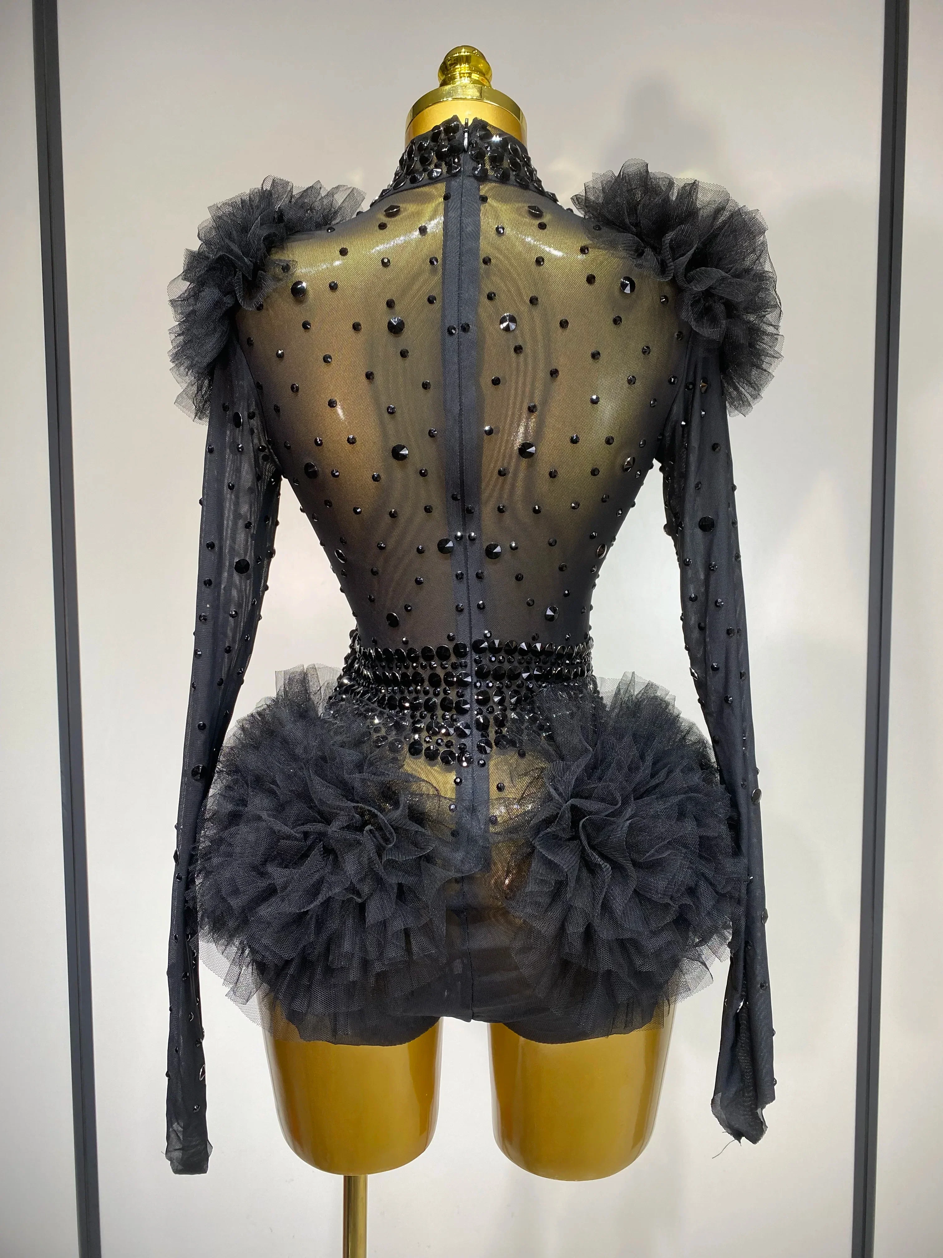 Sexy See Through Luxury Rhinestone Bodysuit Women Sexy Bodycon Mesh Ruffles Performance Dance Singer Nightclub Stage Outfit - Image 4
