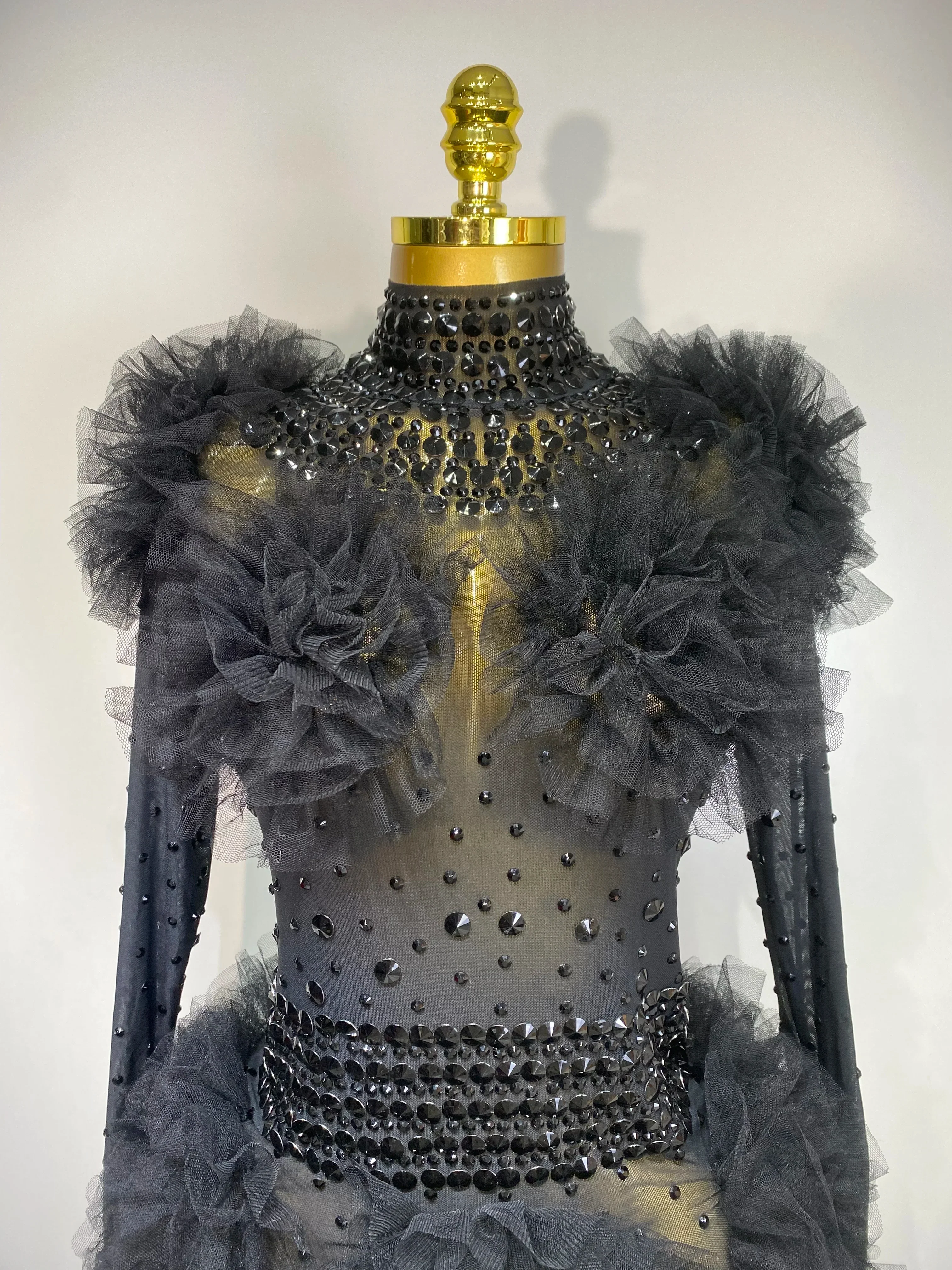 Sexy See Through Luxury Rhinestone Bodysuit Women Sexy Bodycon Mesh Ruffles Performance Dance Singer Nightclub Stage Outfit - Image 5