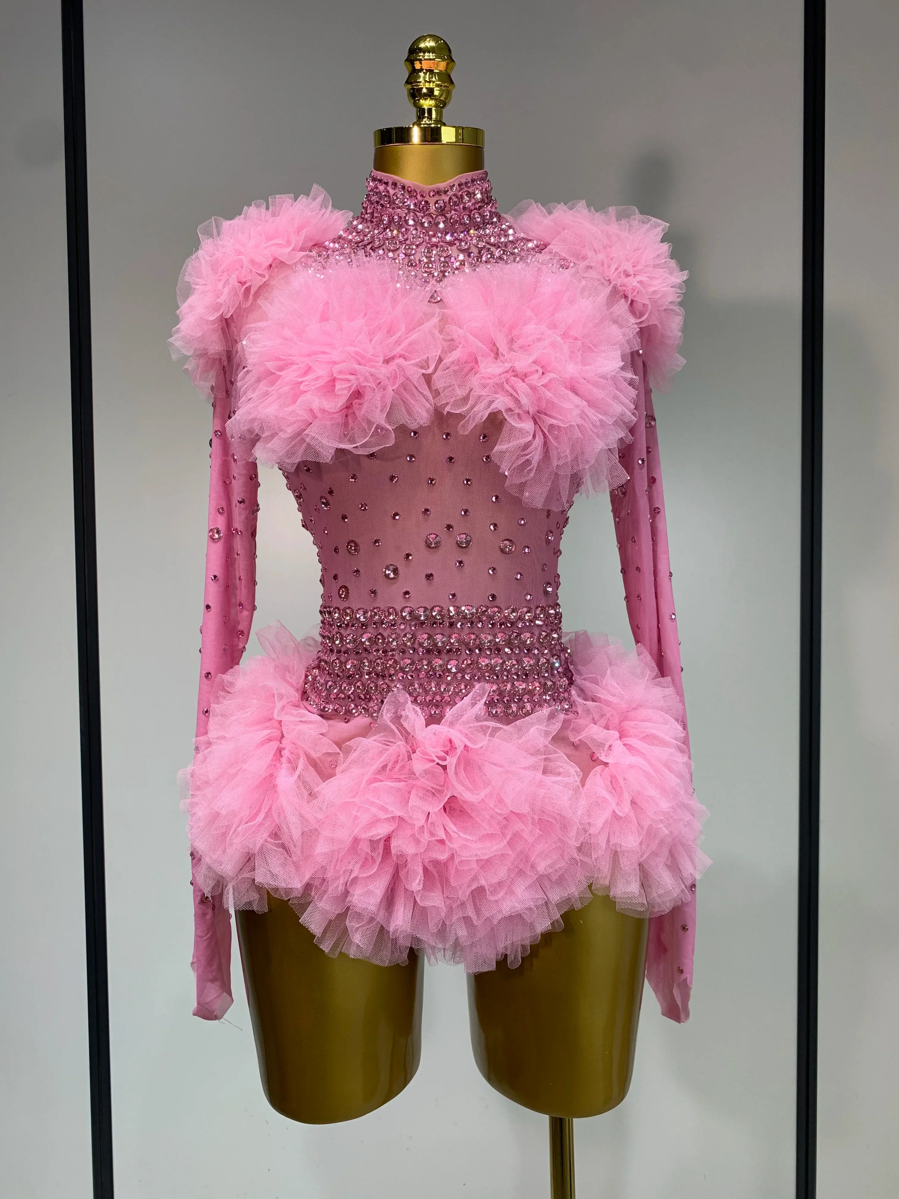 Sexy See Through Rhinestone Bodysuit Women Sexy Tight Mesh Ruffles Performance Dancer Singer Costume Nightclub Stage Outfit