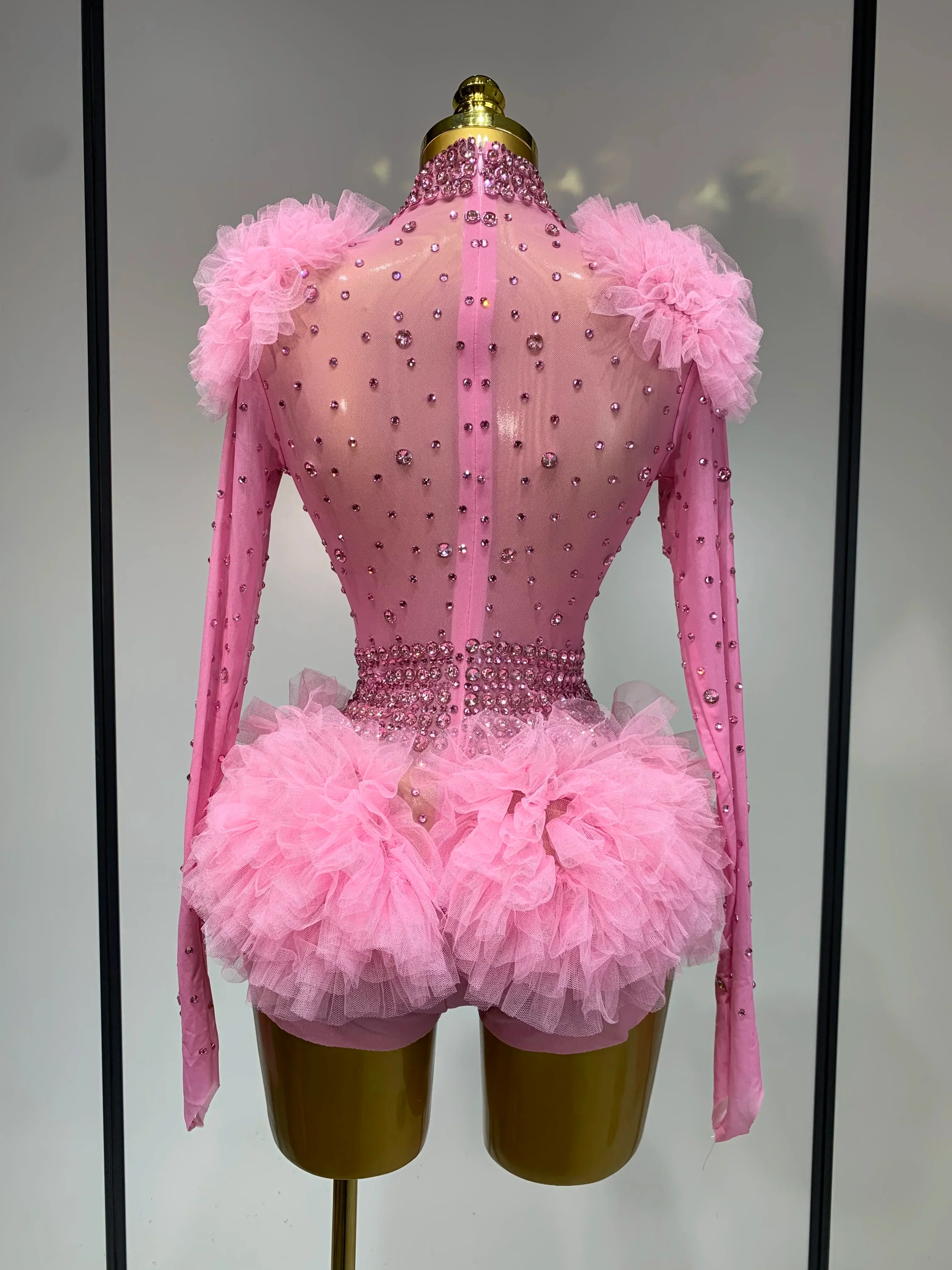 Sexy See Through Rhinestone Bodysuit Women Sexy Tight Mesh Ruffles Performance Dancer Singer Costume Nightclub Stage Outfit - Image 4