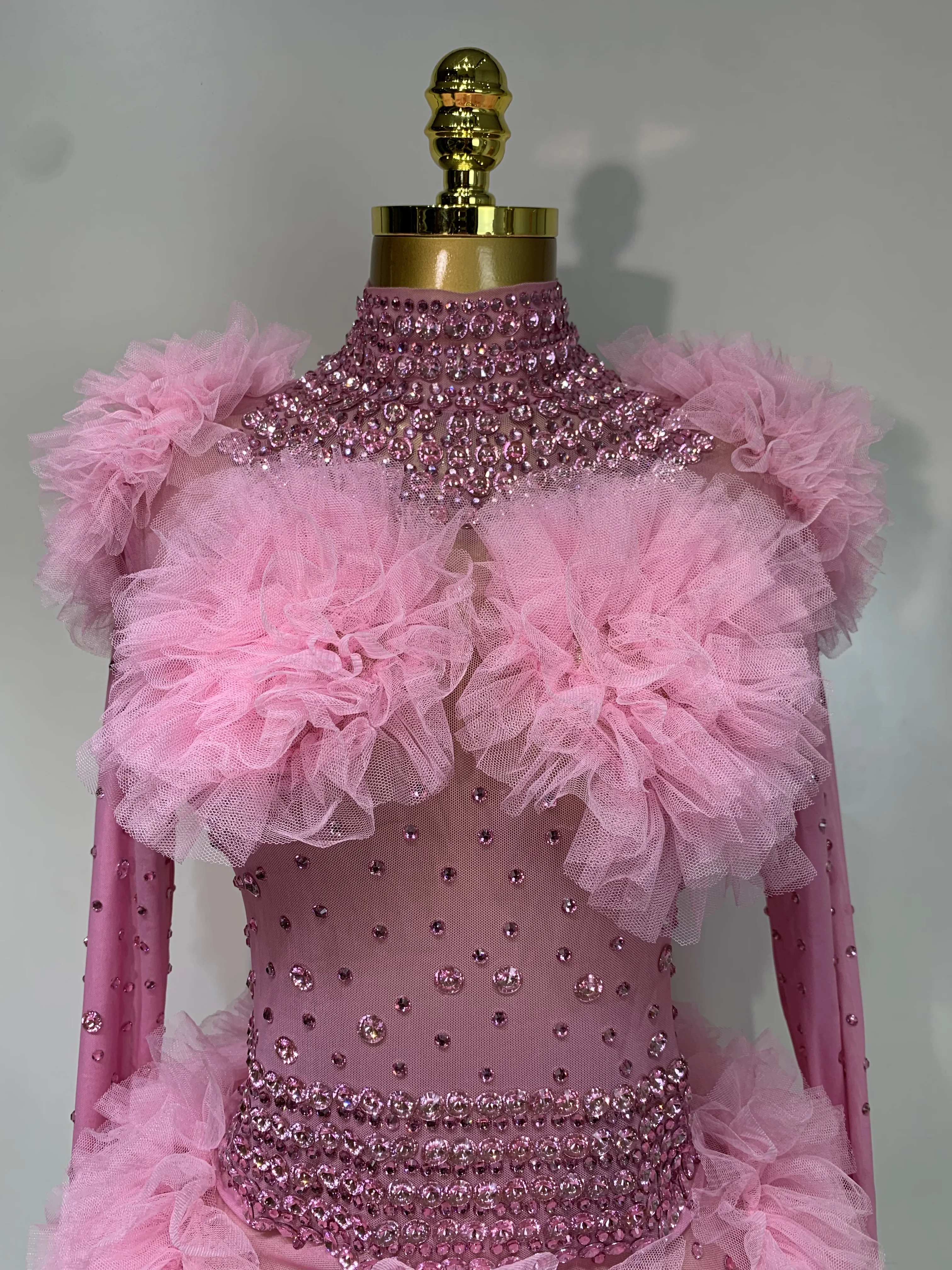 Sexy See Through Rhinestone Bodysuit Women Sexy Tight Mesh Ruffles Performance Dancer Singer Costume Nightclub Stage Outfit - Image 5