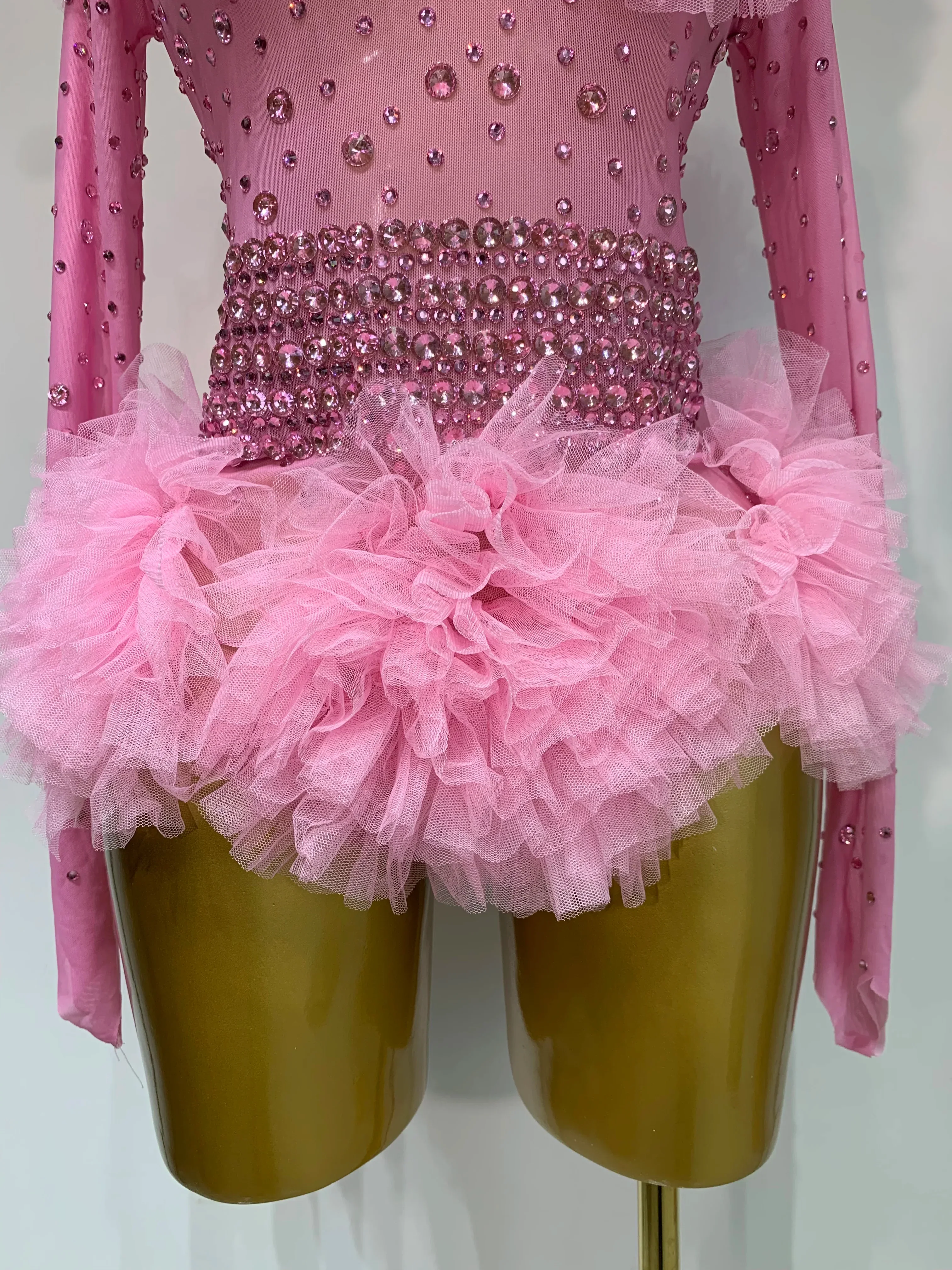 Sexy See Through Rhinestone Bodysuit Women Sexy Tight Mesh Ruffles Performance Dancer Singer Costume Nightclub Stage Outfit - Image 6