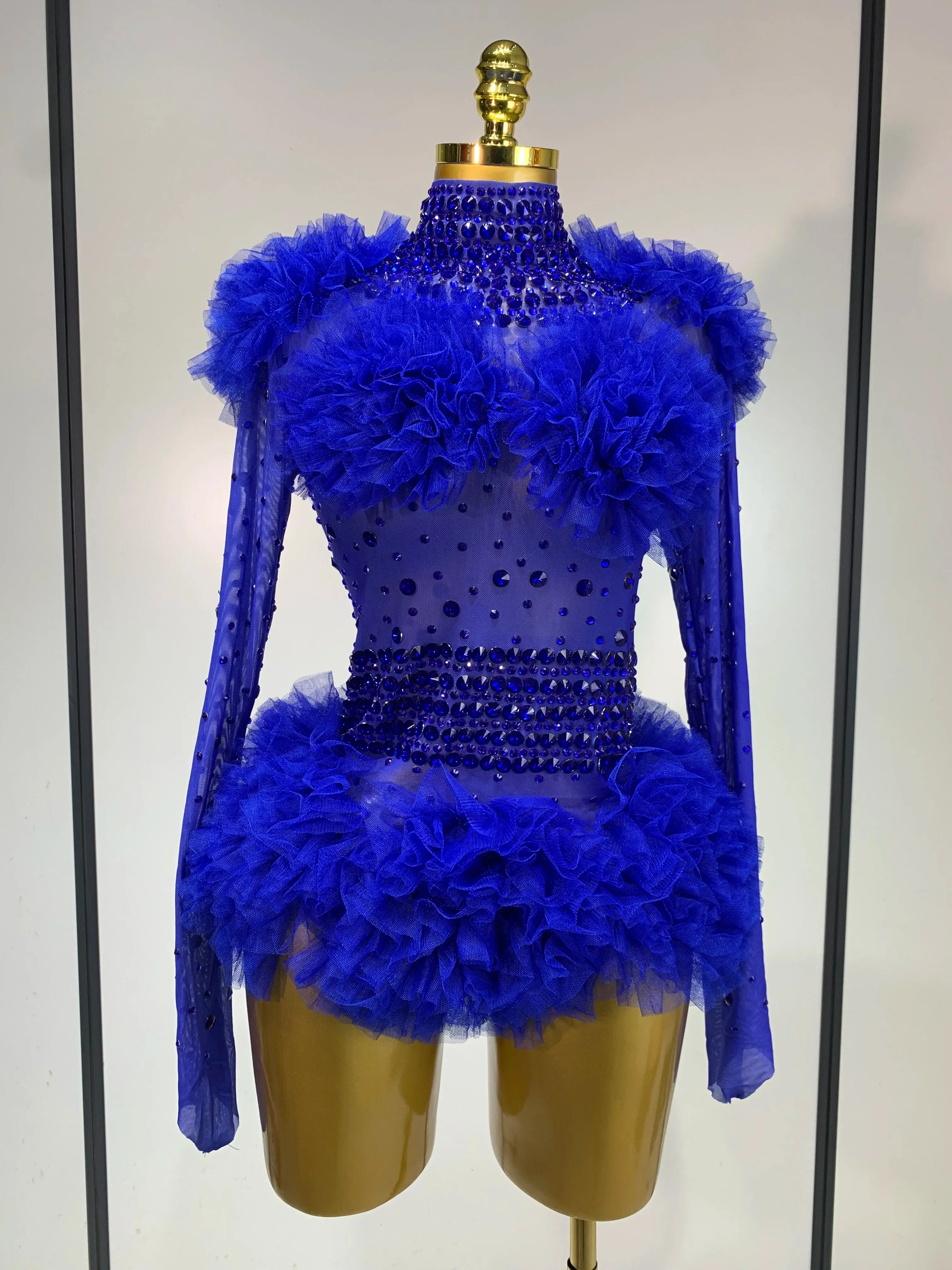 Sexy See Through Rhinestone Bodysuit Women Sexy Tight Mesh Ruffles Performance Dancer Singer Costume Nightclub Stage Outfit - Image 7