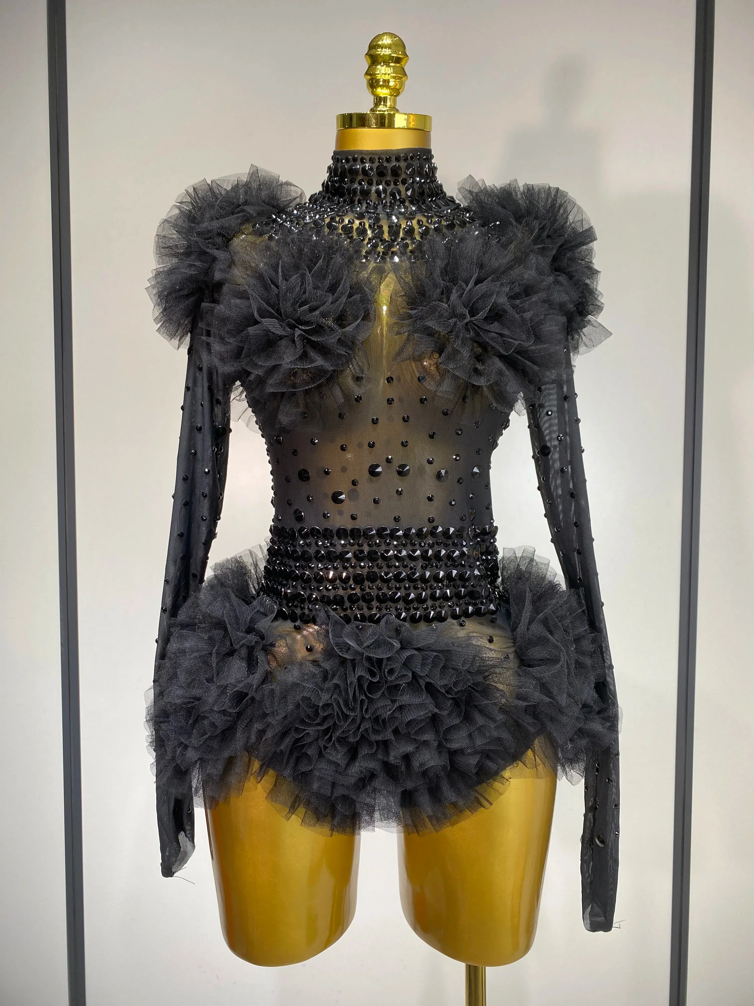 Sexy See Through Rhinestone Bodysuit Women Sexy Tight Mesh Ruffles Performance Dancer Singer Costume Nightclub Stage Outfit - Image 8