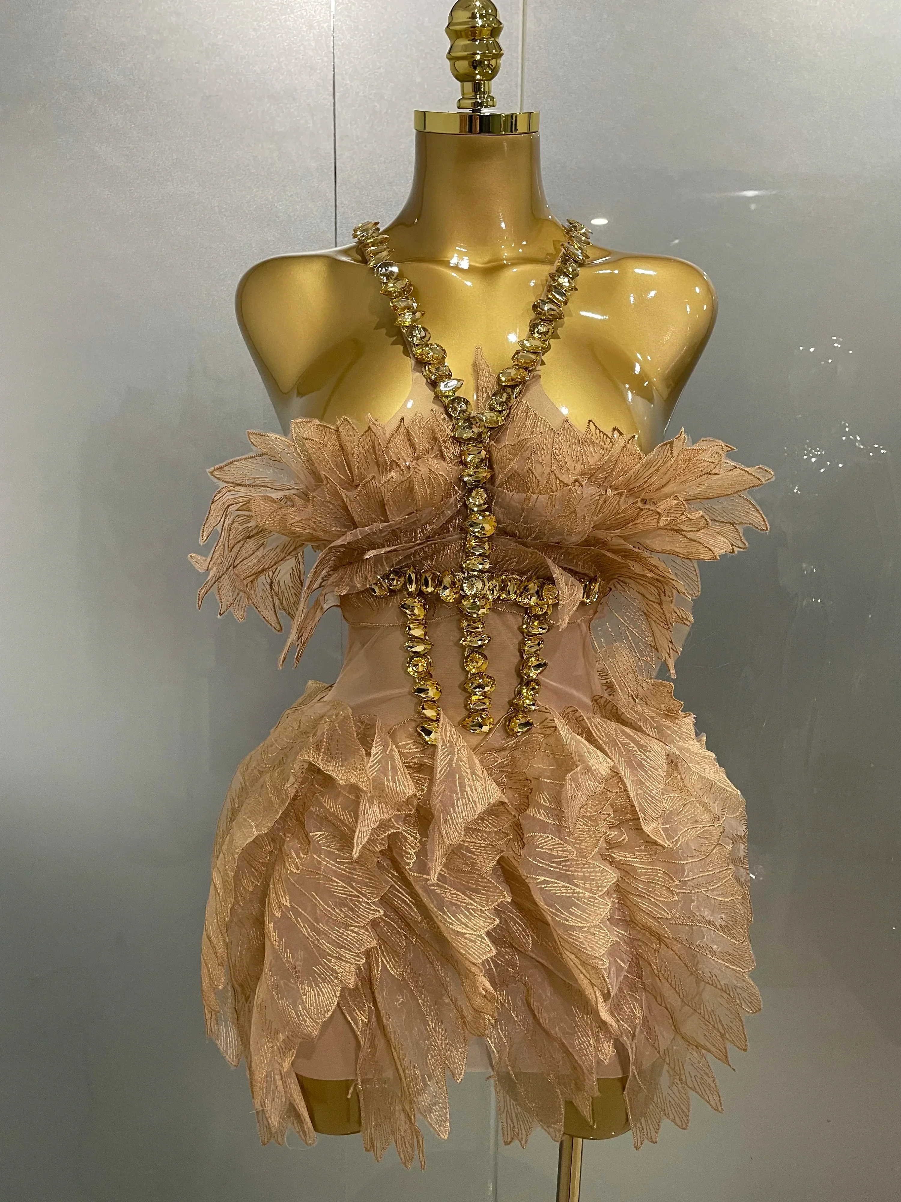 Sexy Shining Gold Crystal Transparent Wings Mini Dress Women Birthday Party Bar Nightclub Singer Stage Performance Costume