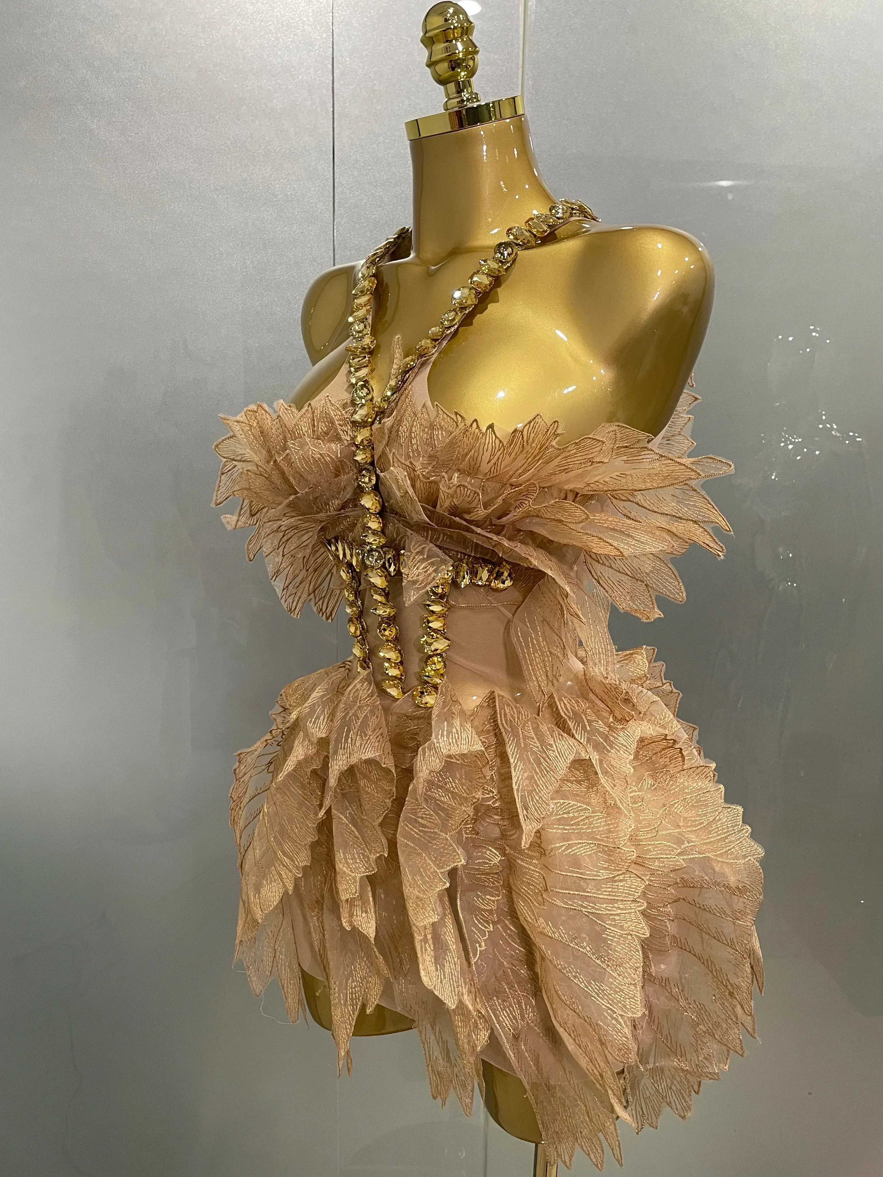 Sexy Shining Gold Crystal Transparent Wings Mini Dress Women Birthday Party Bar Nightclub Singer Stage Performance Costume - Image 2