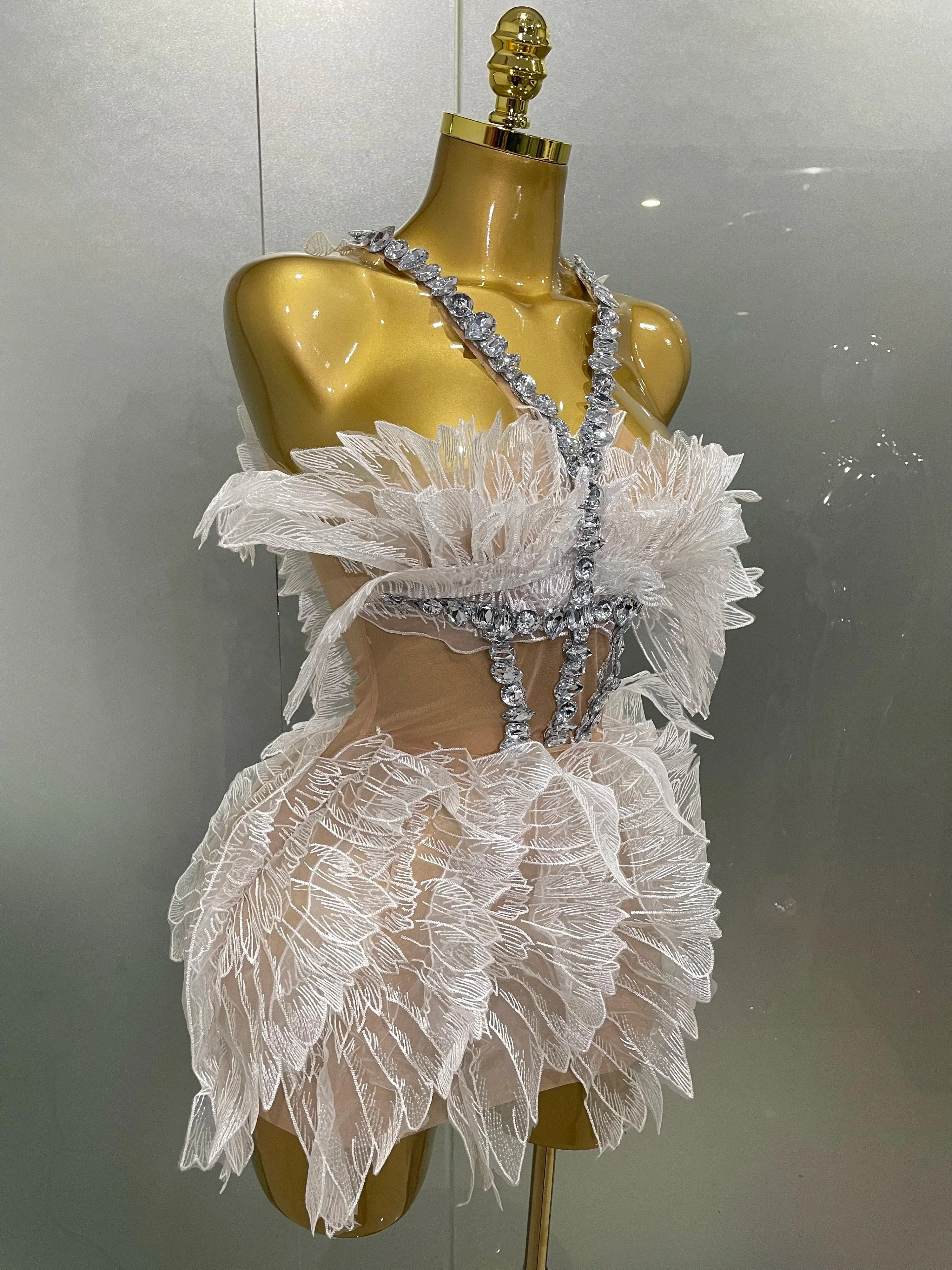 Sexy Shining Gold Crystal Transparent Wings Mini Dress Women Birthday Party Bar Nightclub Singer Stage Performance Costume - Image 4