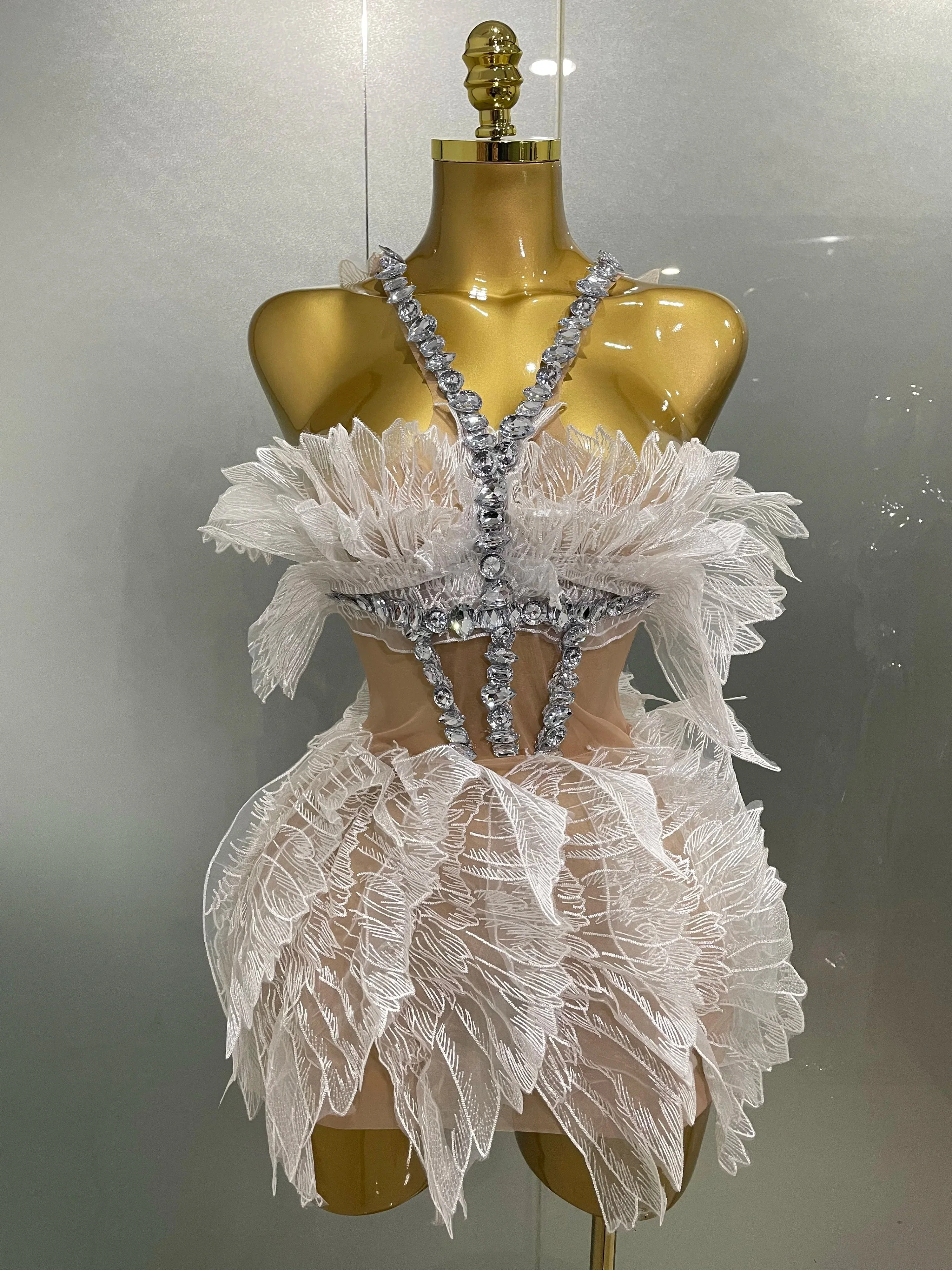 Sexy Shining Gold Crystal Transparent Wings Mini Dress Women Birthday Party Bar Nightclub Singer Stage Performance Costume - Image 6