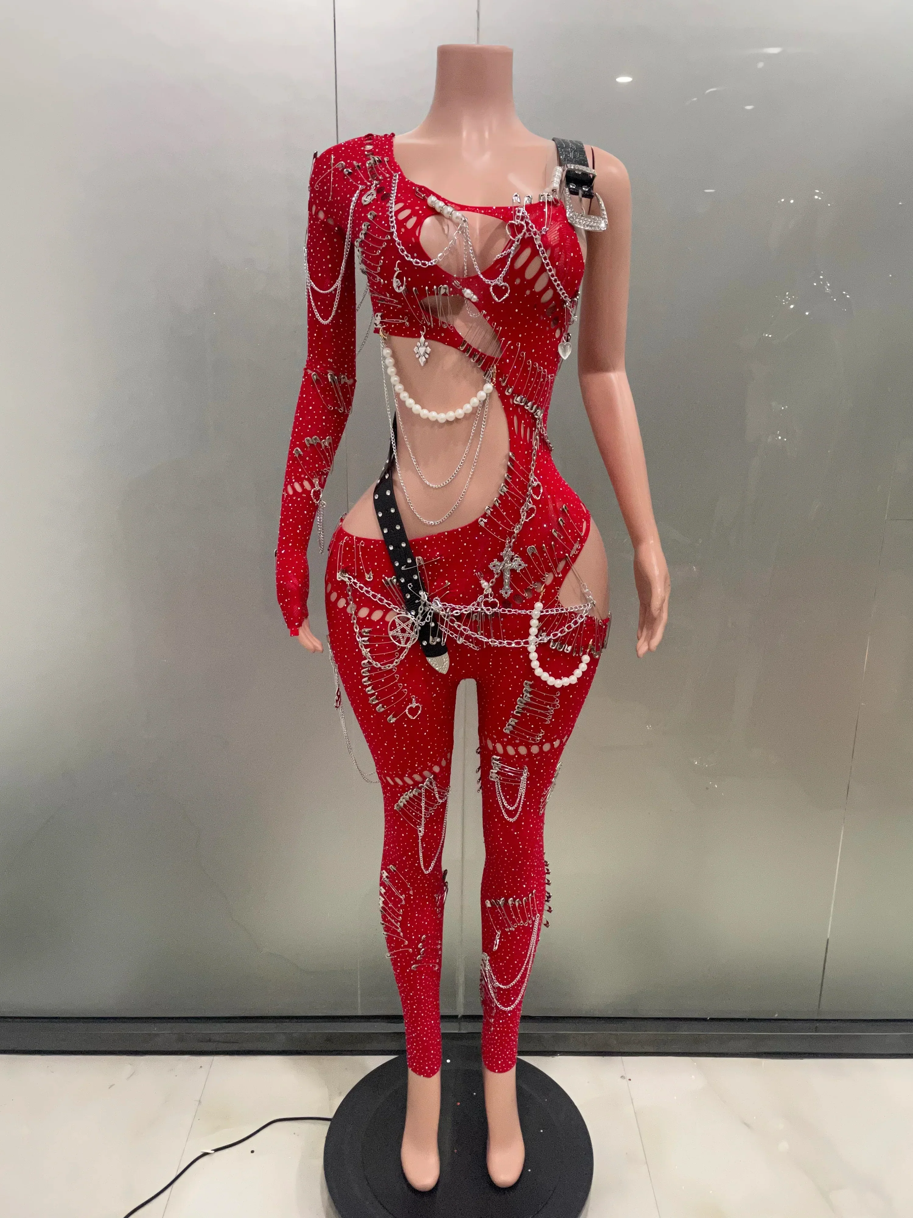 Sexy Shining Pearl Chain One Shoulder Hollow Out Jumpsuit  Women Birthday Party Nightclub Singer Performance Stage Wear - Image 3
