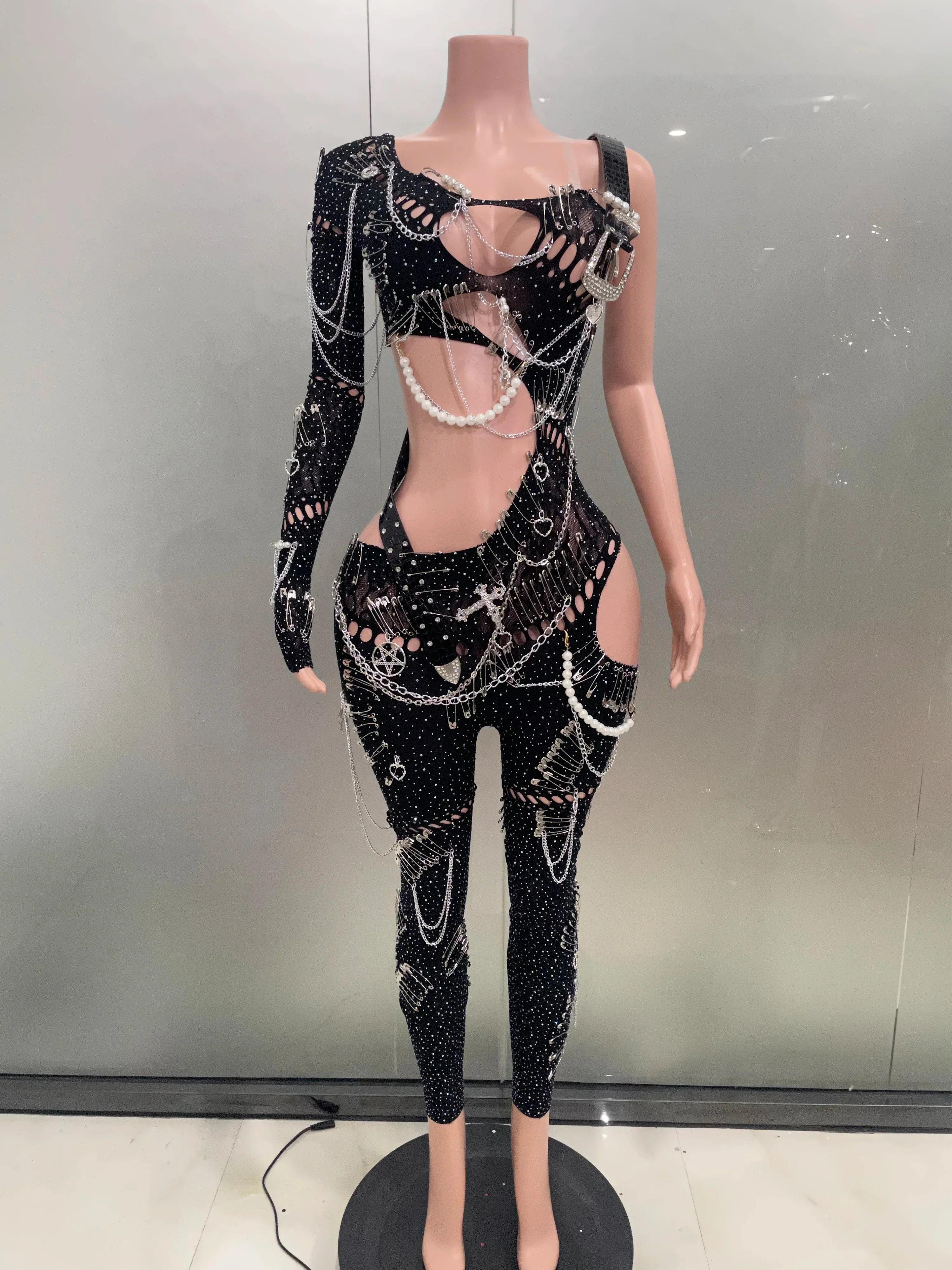 Sexy Shining Pearl Chain One Shoulder Hollow Out Jumpsuit  Women Birthday Party Nightclub Singer Performance Stage Wear - Image 4