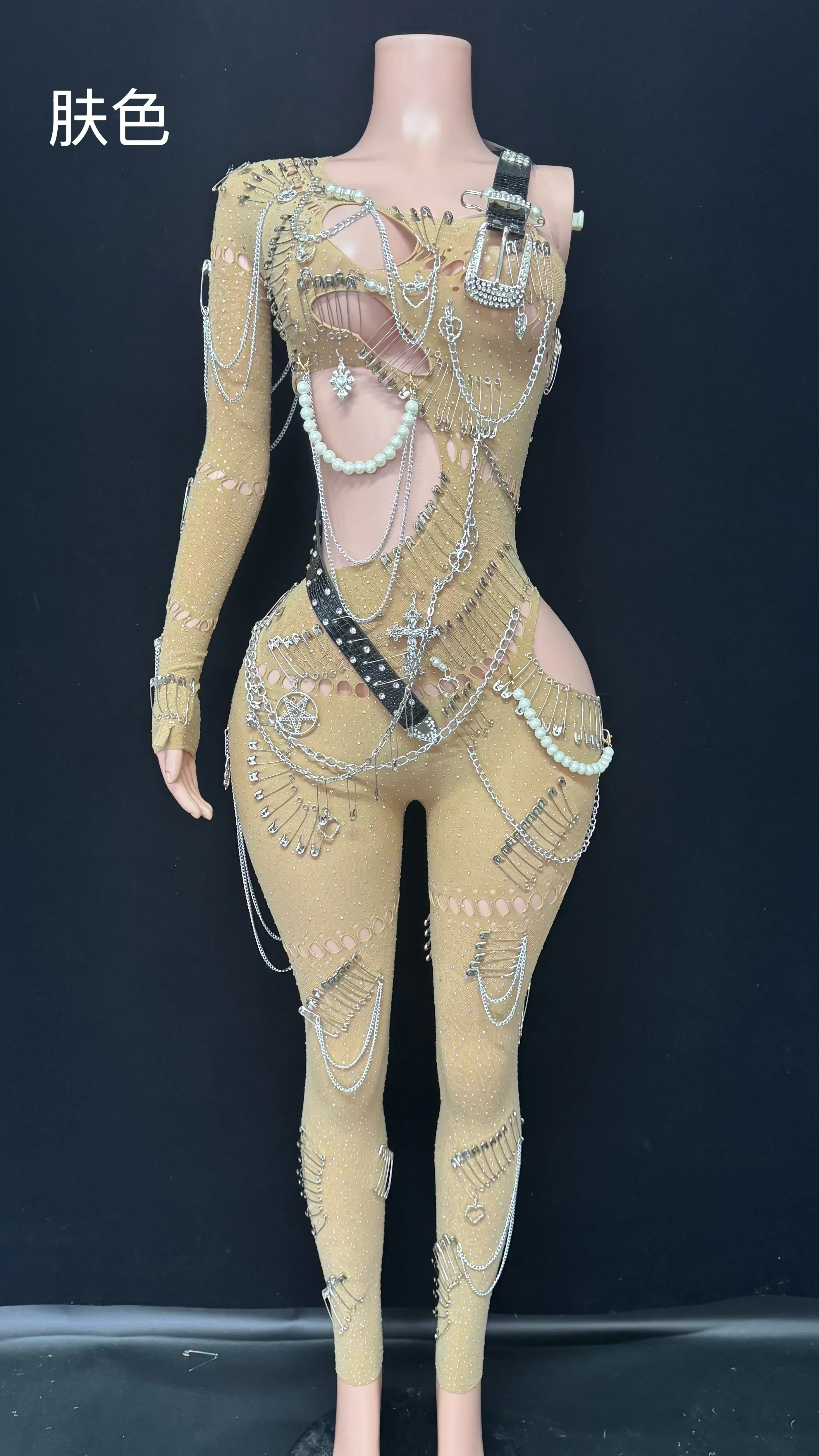 Sexy Shining Pearl Chain One Shoulder Hollow Out Jumpsuit  Women Birthday Party Nightclub Singer Performance Stage Wear - Image 5