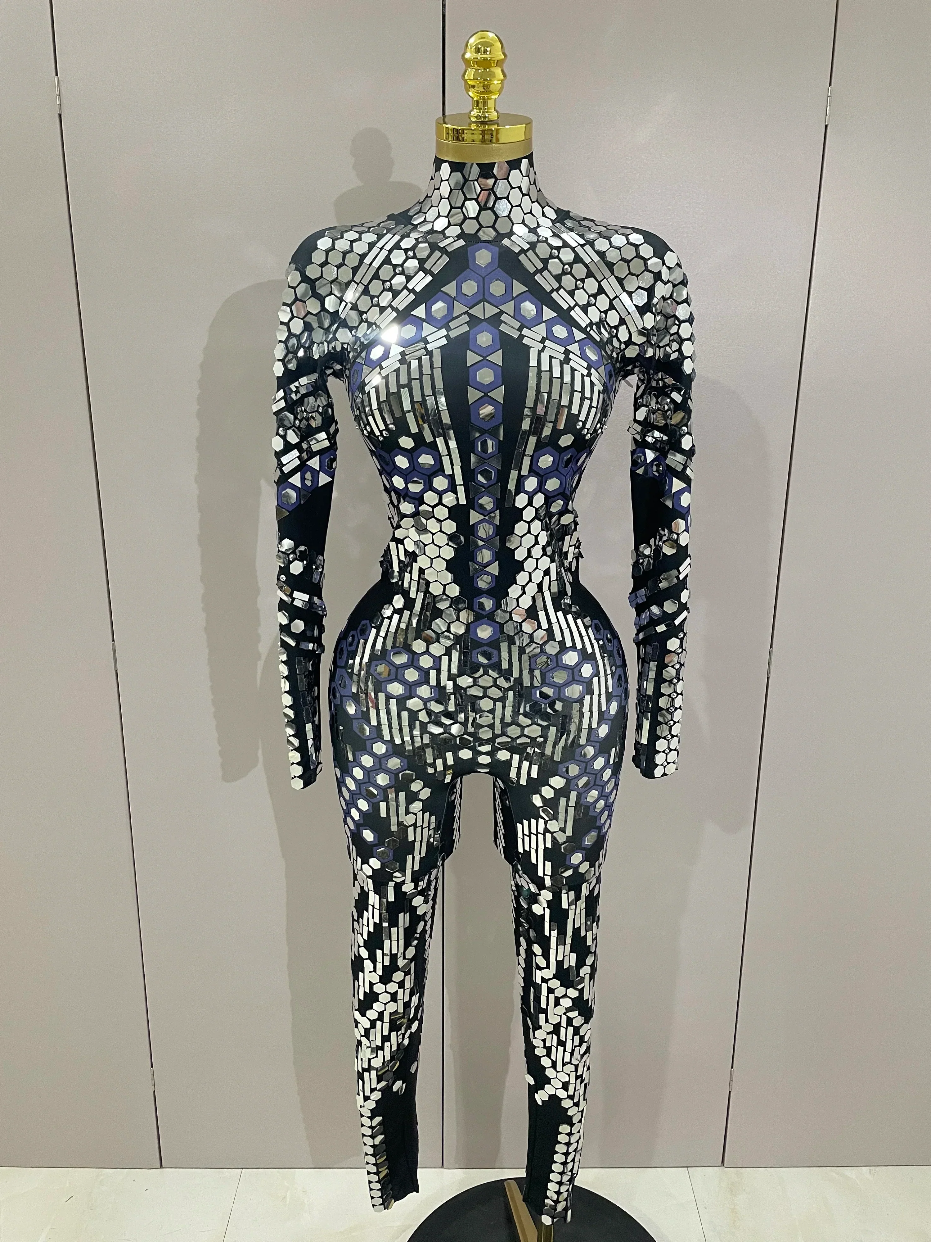 Sexy Shiny Silver Sequins Mirror Black Spandex Jumpsuit  Women Prom Dancer Singer Costume Evening Birthday Show Stage Outfit