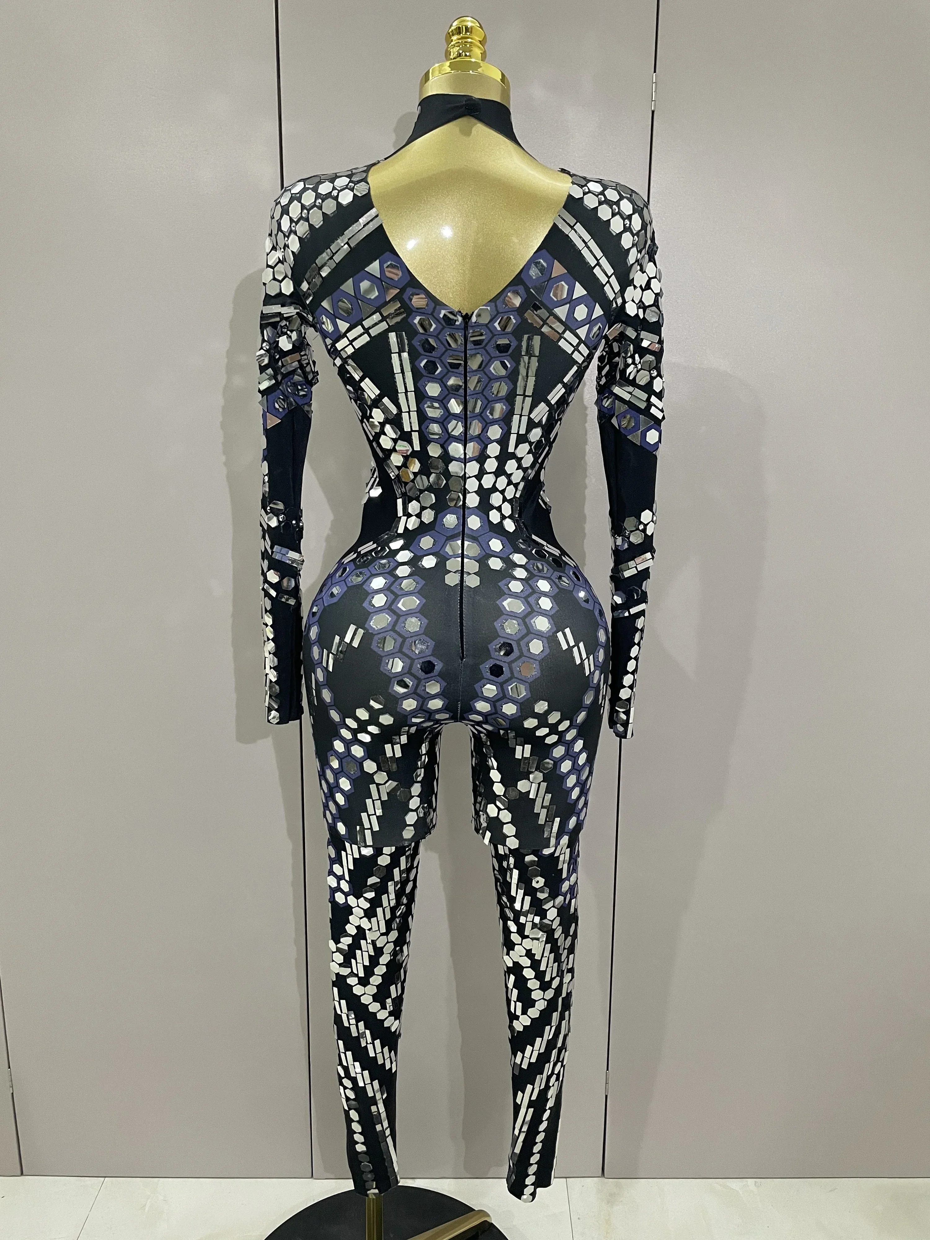 Sexy Shiny Silver Sequins Mirror Black Spandex Jumpsuit  Women Prom Dancer Singer Costume Evening Birthday Show Stage Outfit - Image 3
