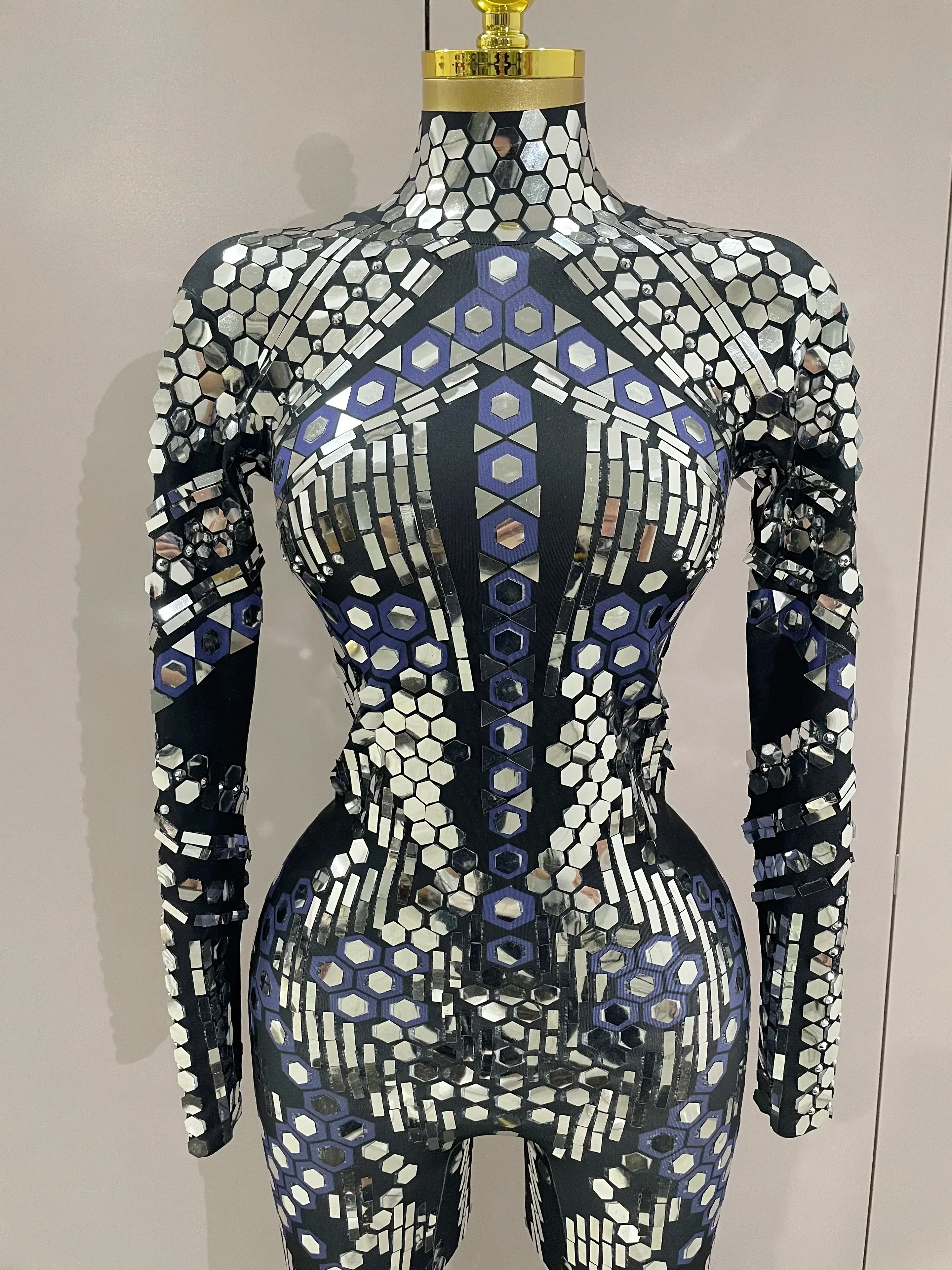 Sexy Shiny Silver Sequins Mirror Black Spandex Jumpsuit  Women Prom Dancer Singer Costume Evening Birthday Show Stage Outfit - Image 5