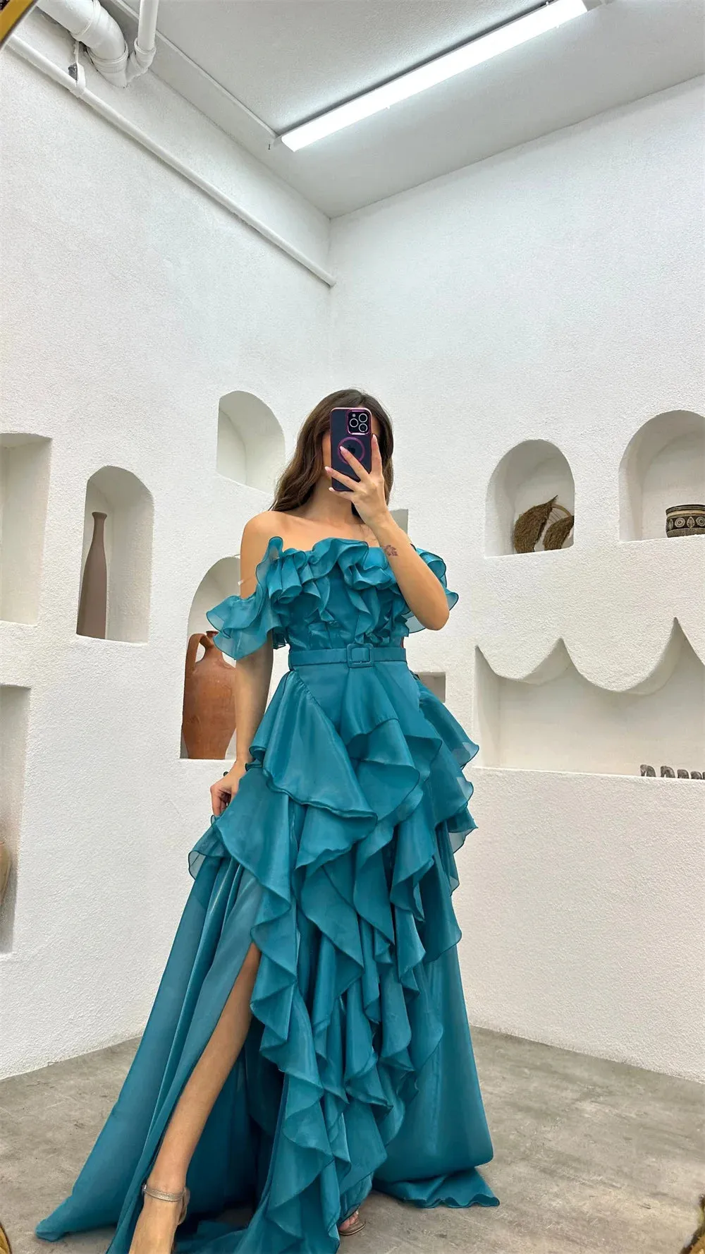 Sexy Side Split Prom Dress Black Off Shoulder Black Chiffon Strapless Edge Curl Vestidos De Noche - Image 4