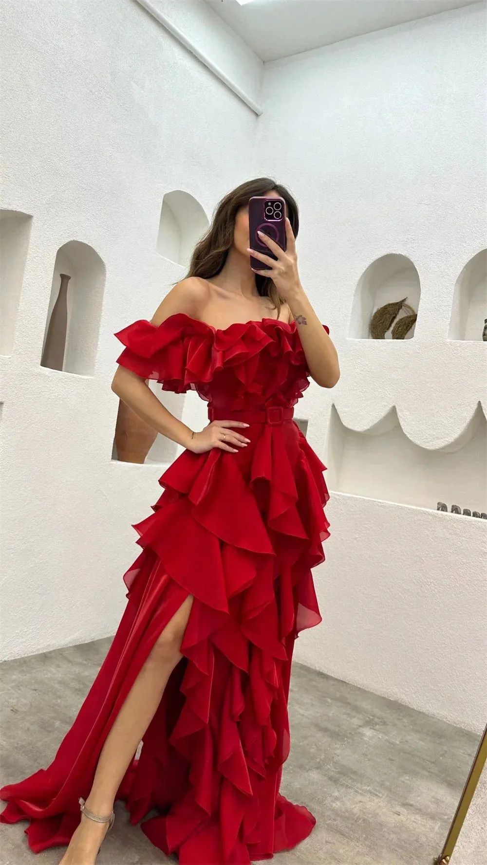 Sexy Side Split Prom Dress Black Off Shoulder Black Chiffon Strapless Edge Curl Vestidos De Noche - Image 6