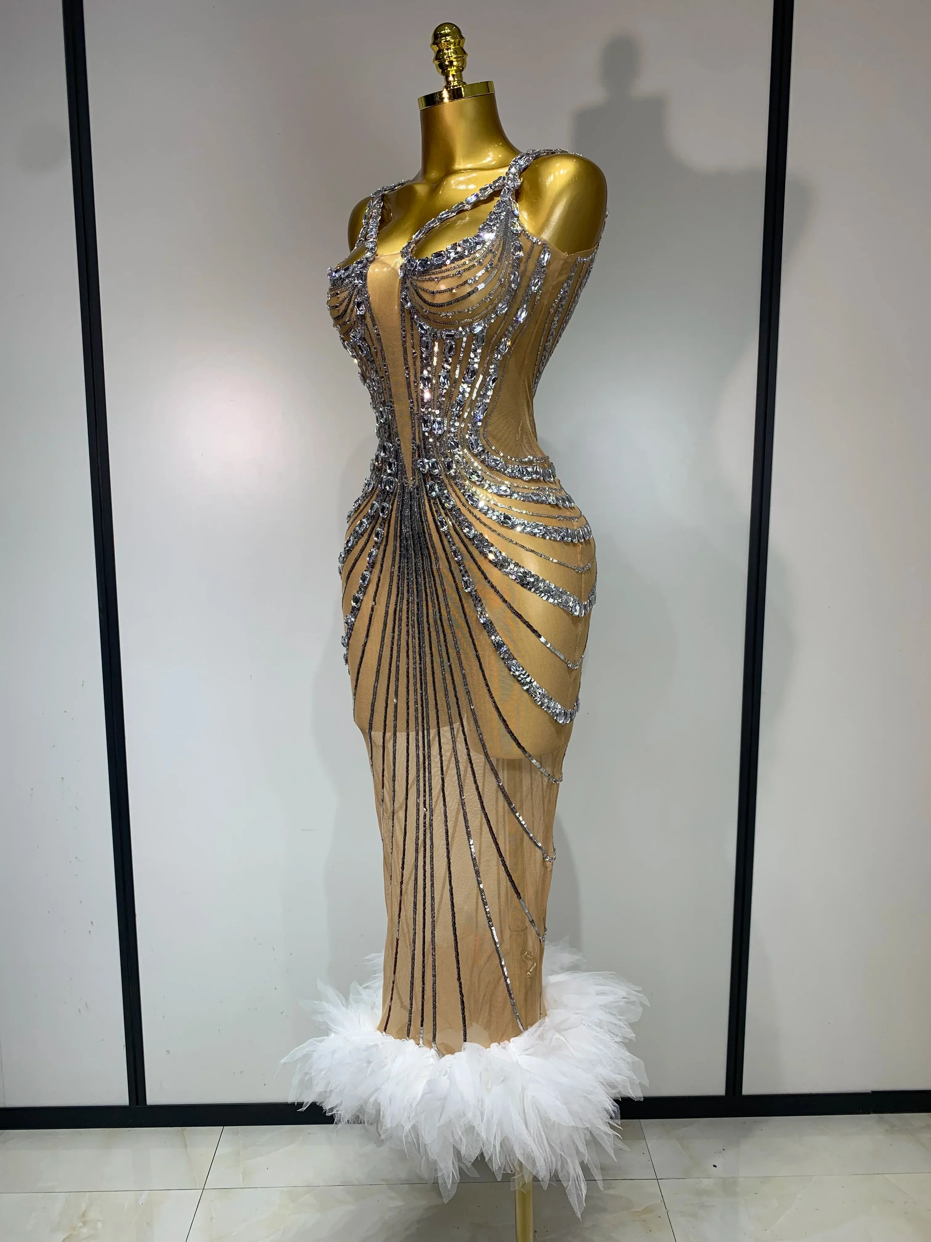 Sexy Silver Rhinestone White Mesh See Through Long Dress Women Luxury Birthday Party Prom Gown Singer Nightclub Stage Outfit - Image 2