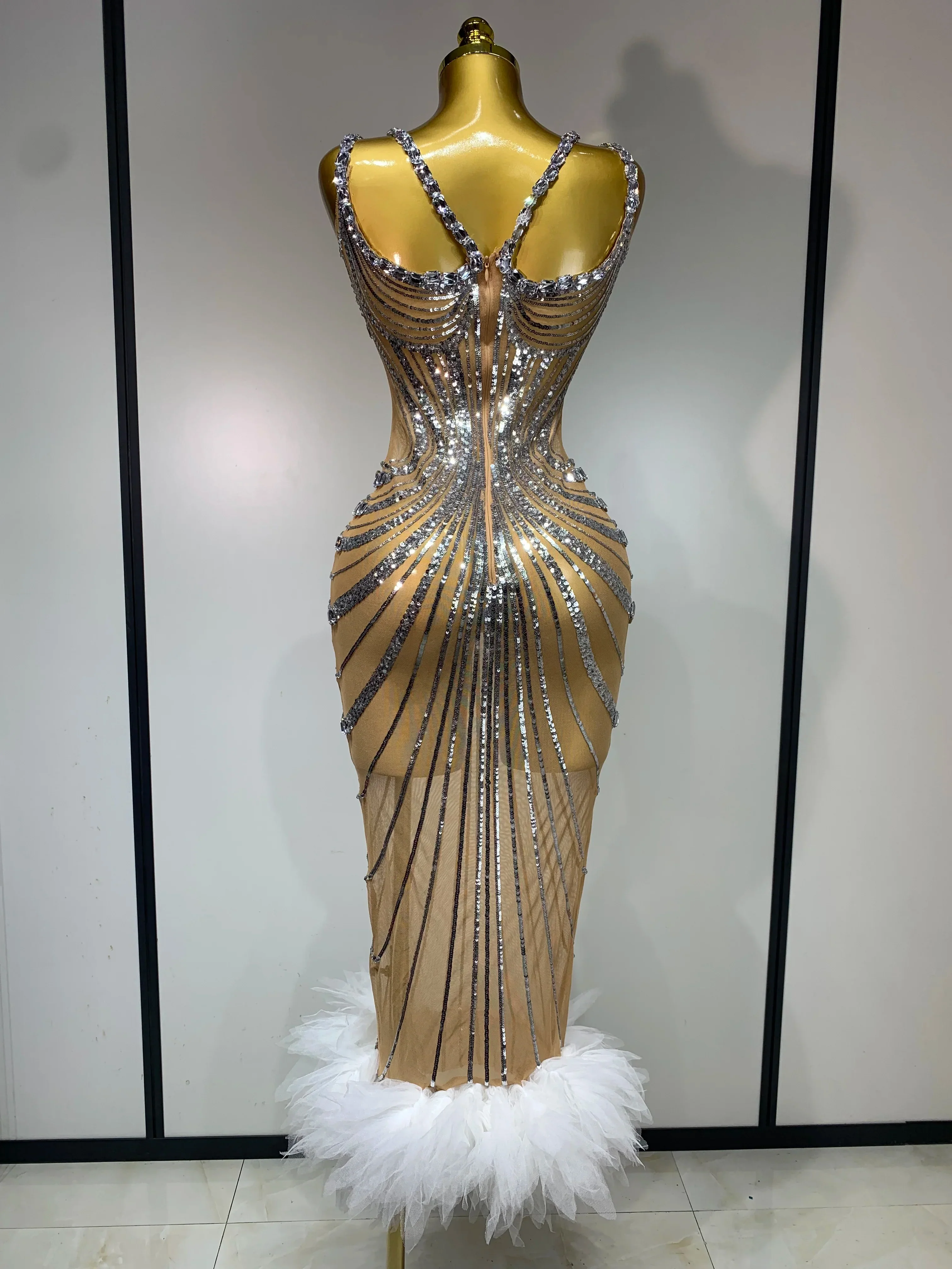 Sexy Silver Rhinestone White Mesh See Through Long Dress Women Luxury Birthday Party Prom Gown Singer Nightclub Stage Outfit - Image 3