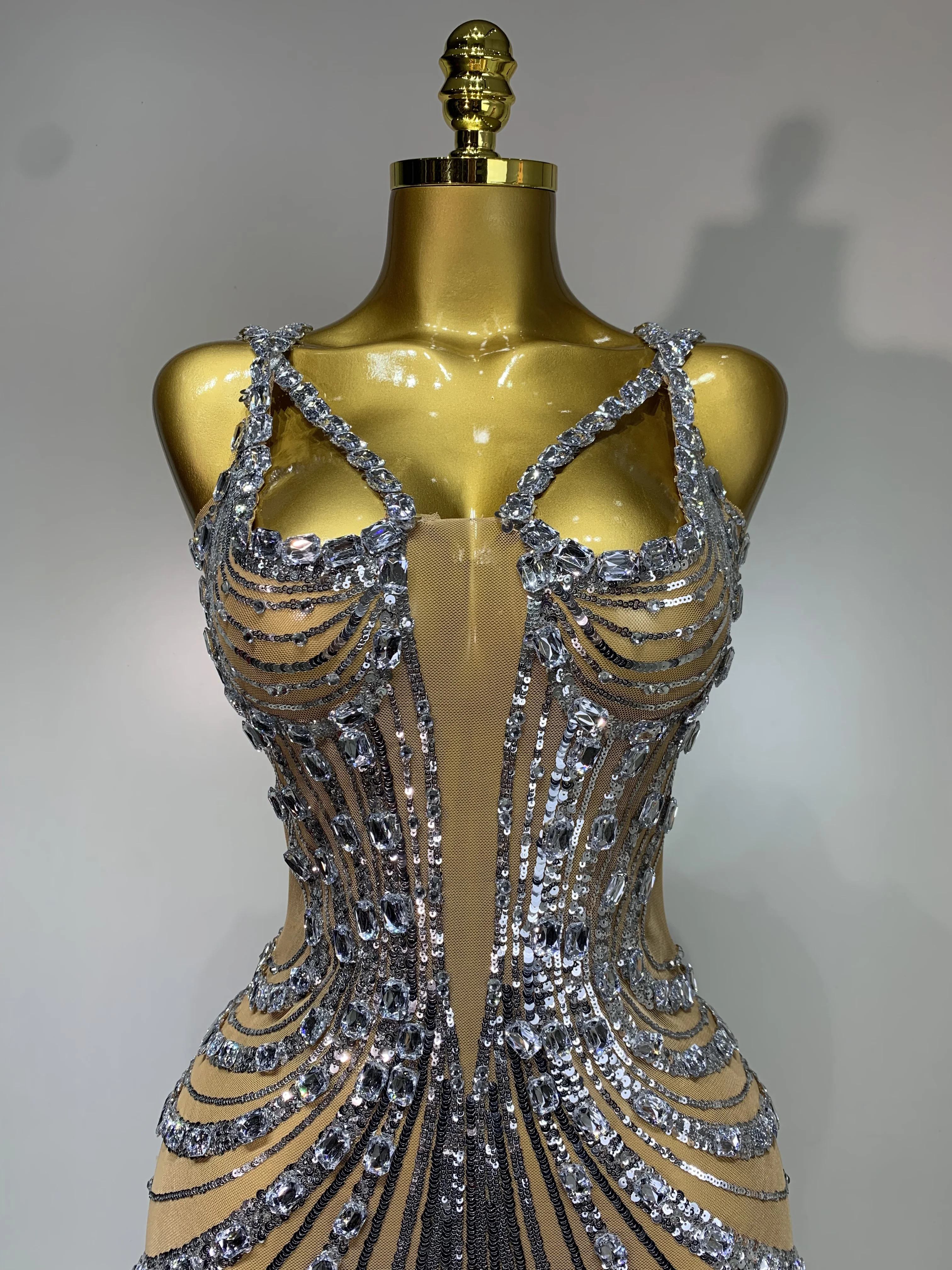 Sexy Silver Rhinestone White Mesh See Through Long Dress Women Luxury Birthday Party Prom Gown Singer Nightclub Stage Outfit - Image 4